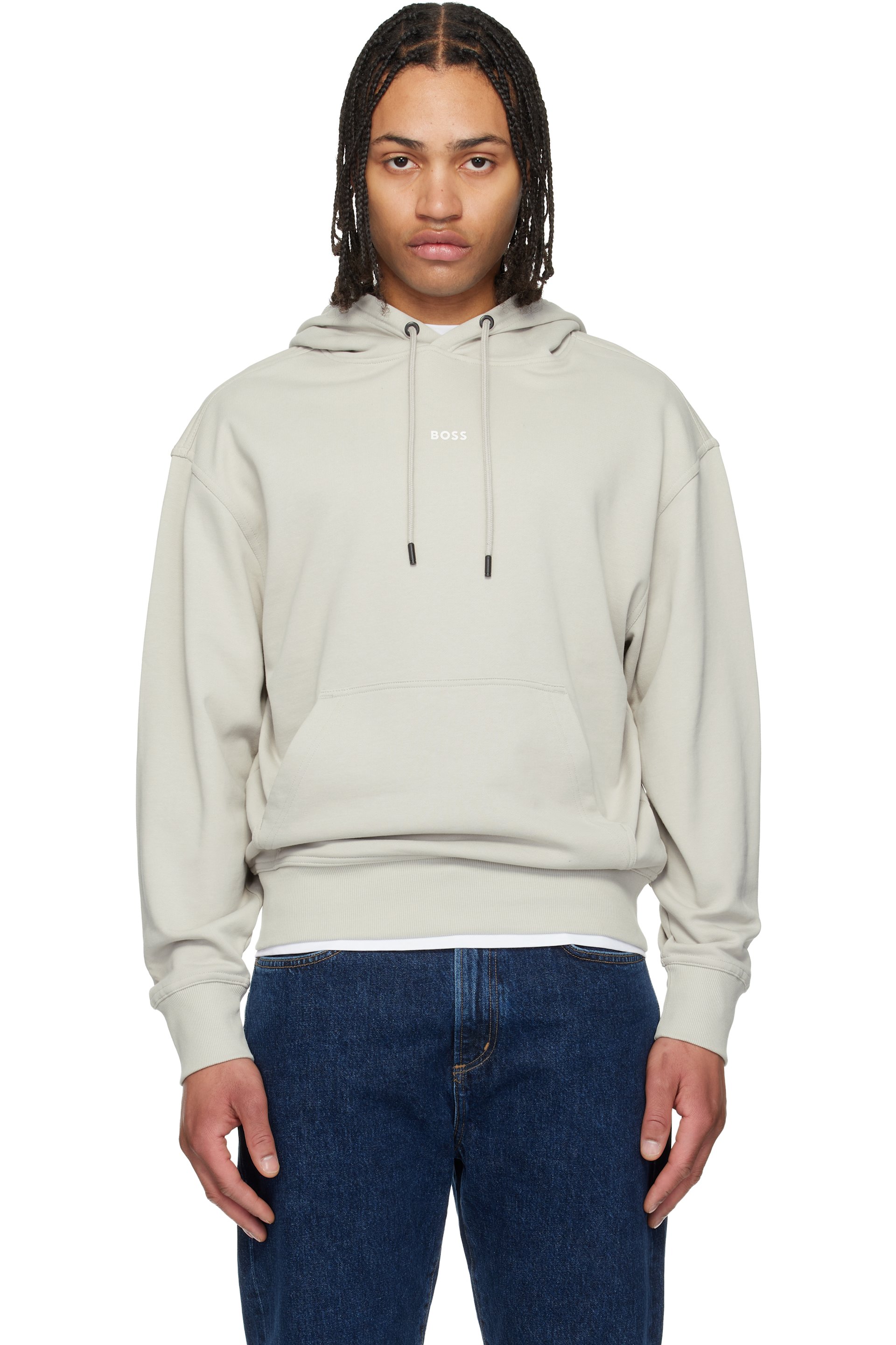 Boss - Pull à capuche gris en jersey bouclette à logo contrastant