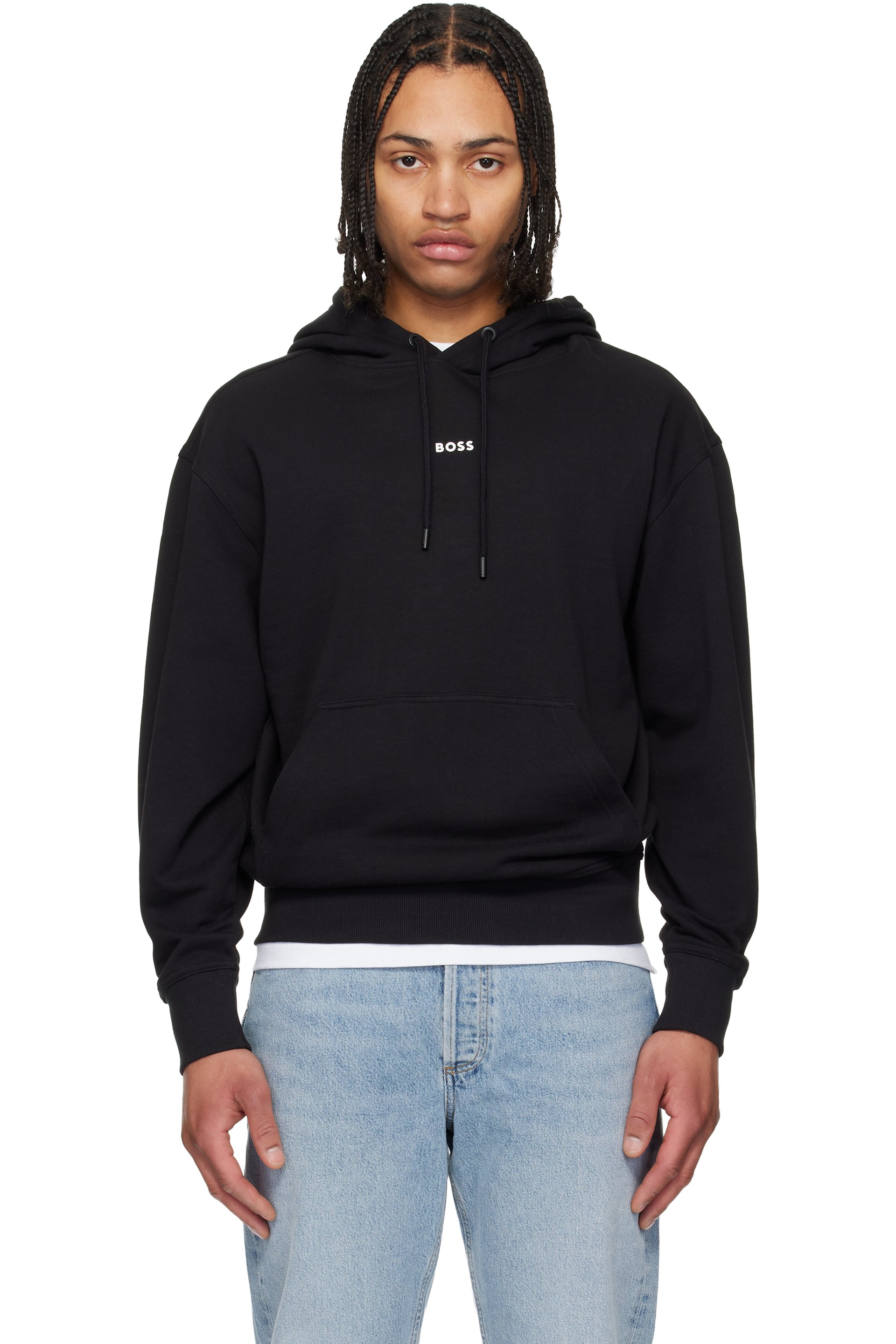 Boss - Pull à capuche noir en jersey bouclette à logo contrastant