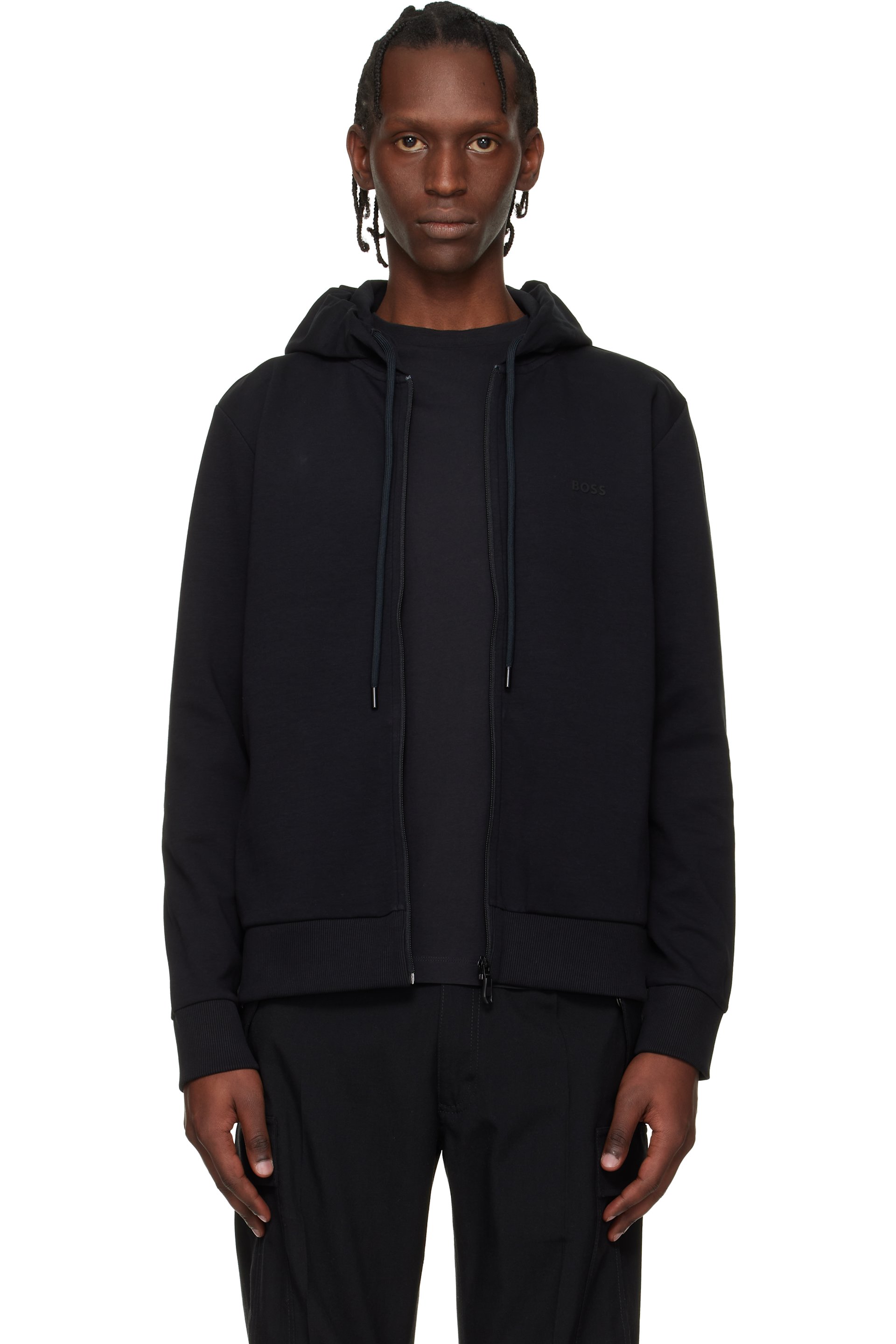 Boss - Pull à capuche noir en jersey extensible de coton à logo et à glissière