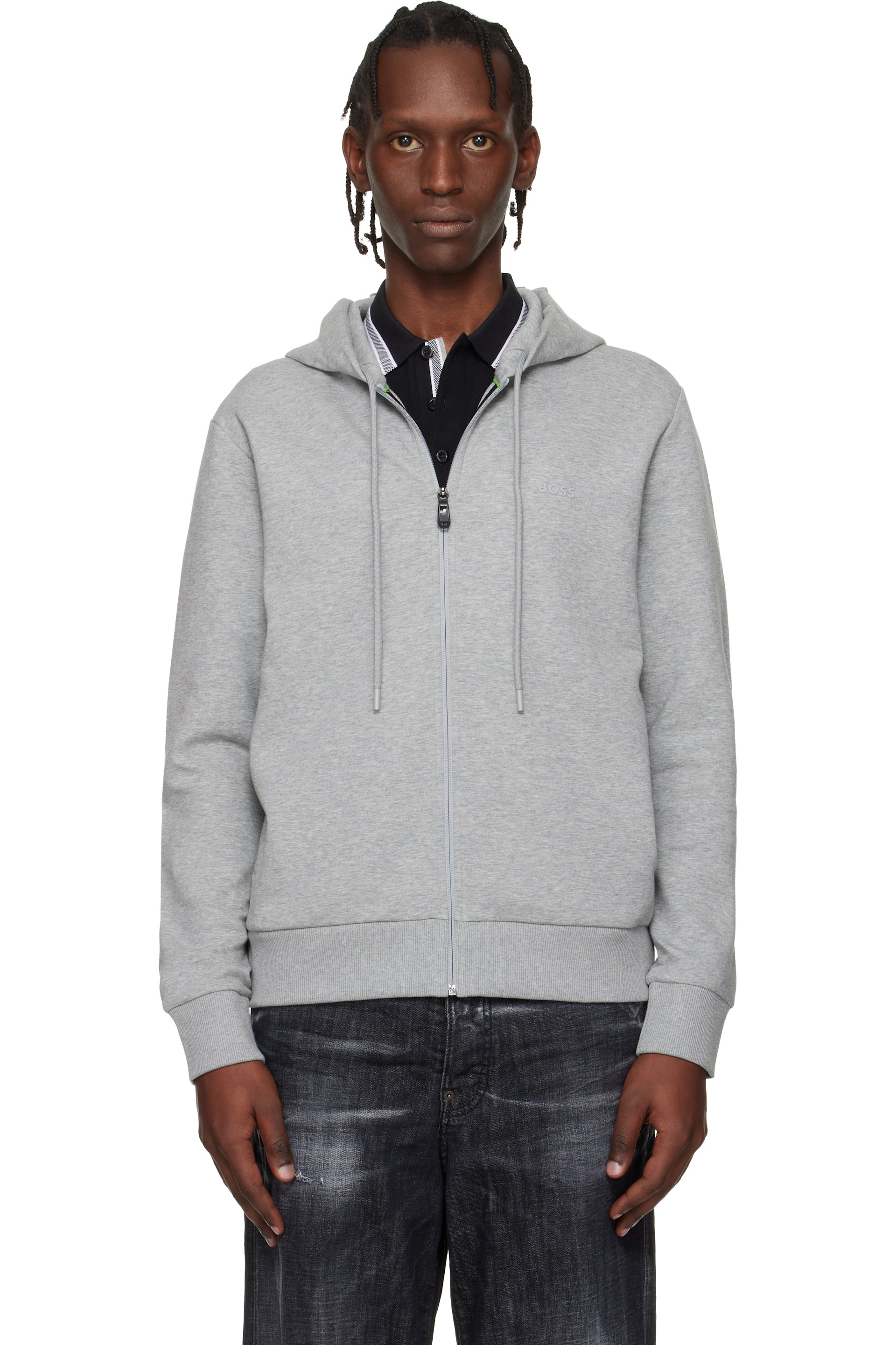 Boss - Pull à capuche gris en jersey extensible de coton à logo et à glissière