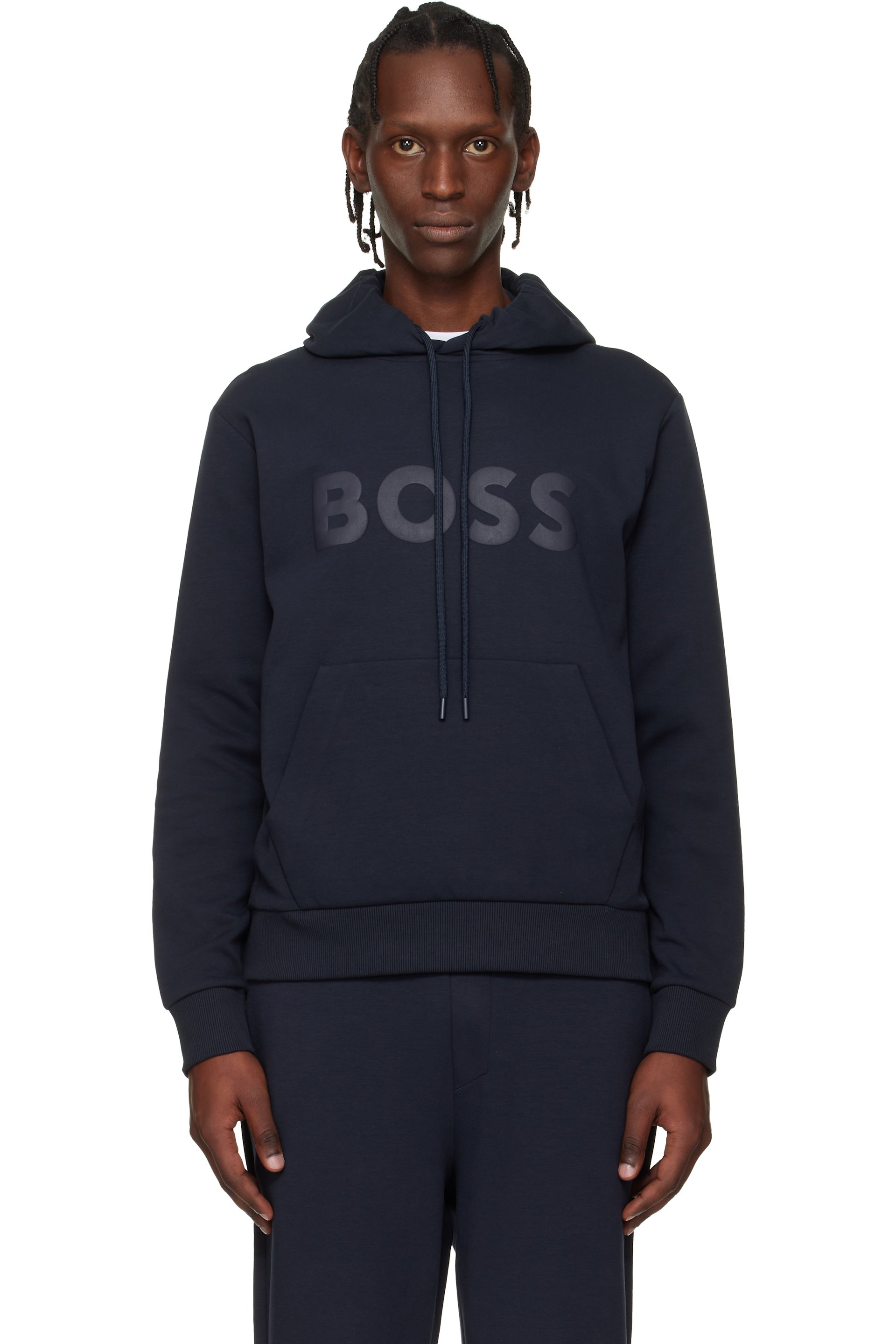 Boss - Pull à capuche bleu marine à logo imprimé