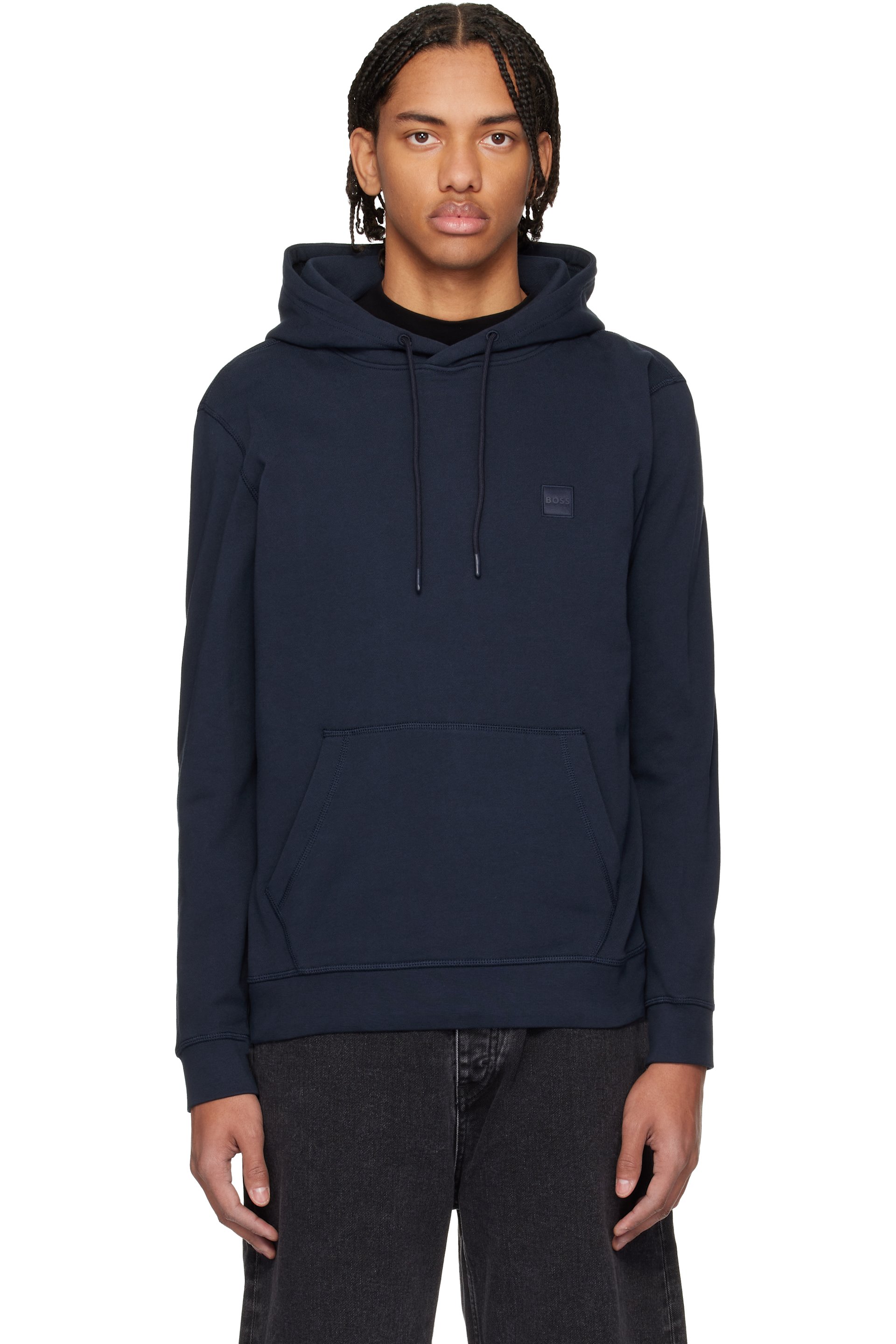 Boss - Pull à capuche bleu marine en jersey bouclette de coton à écusson à logo
