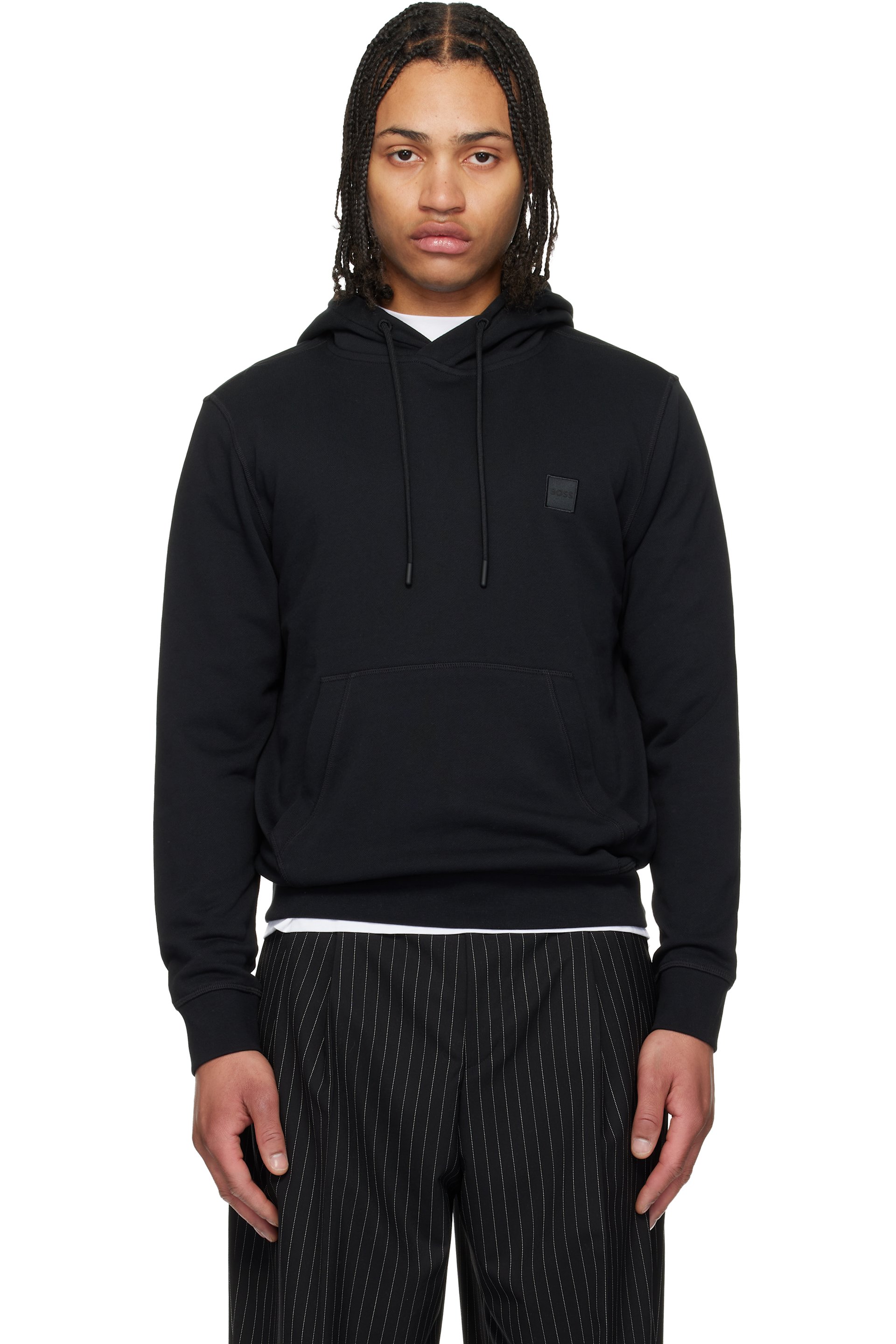 Boss - Pull à capuche noir en jersey bouclette à écusson à logo