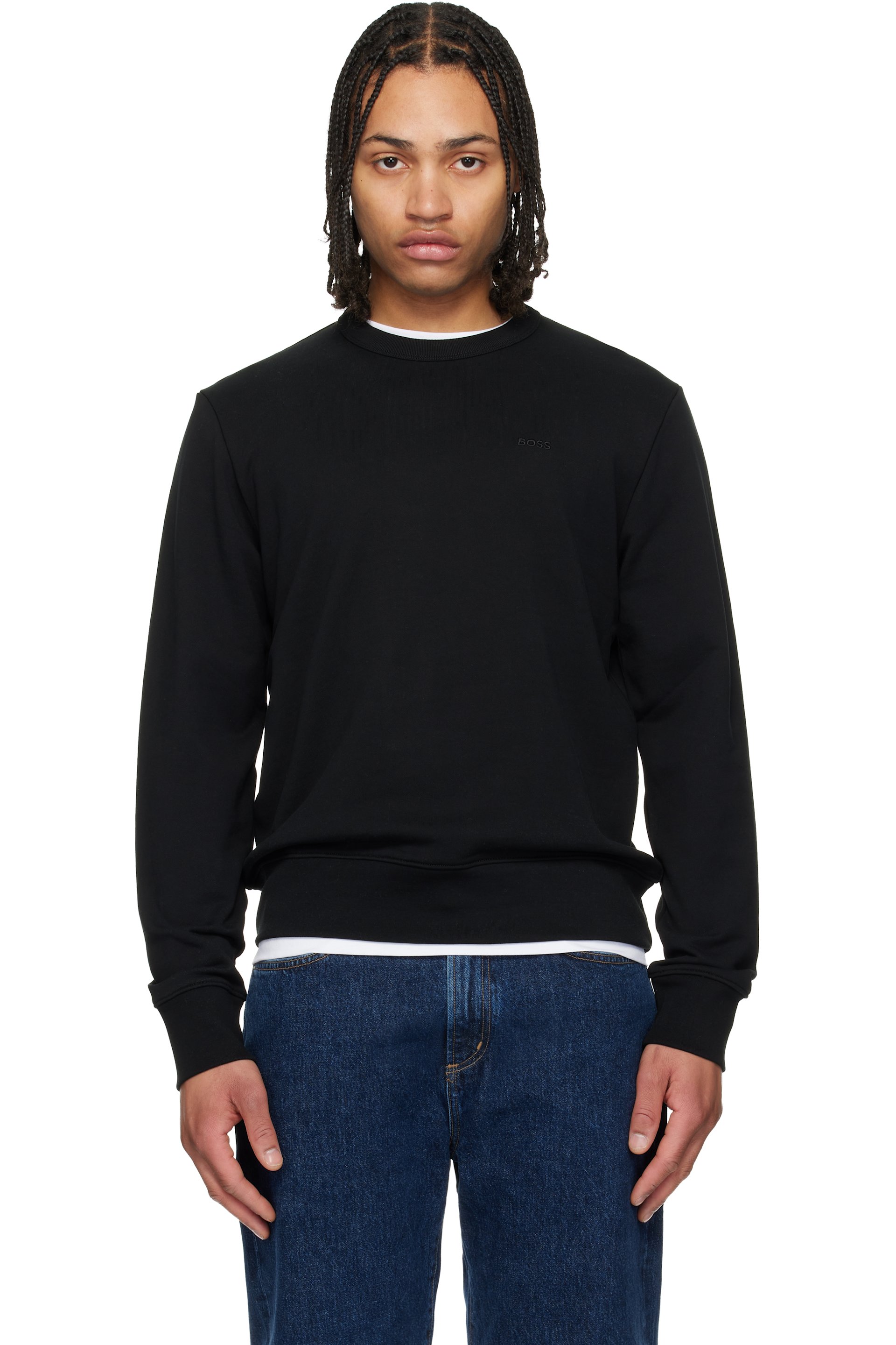 BOSS - Black Cotton-Terry Tonal Logo Sweatshirt