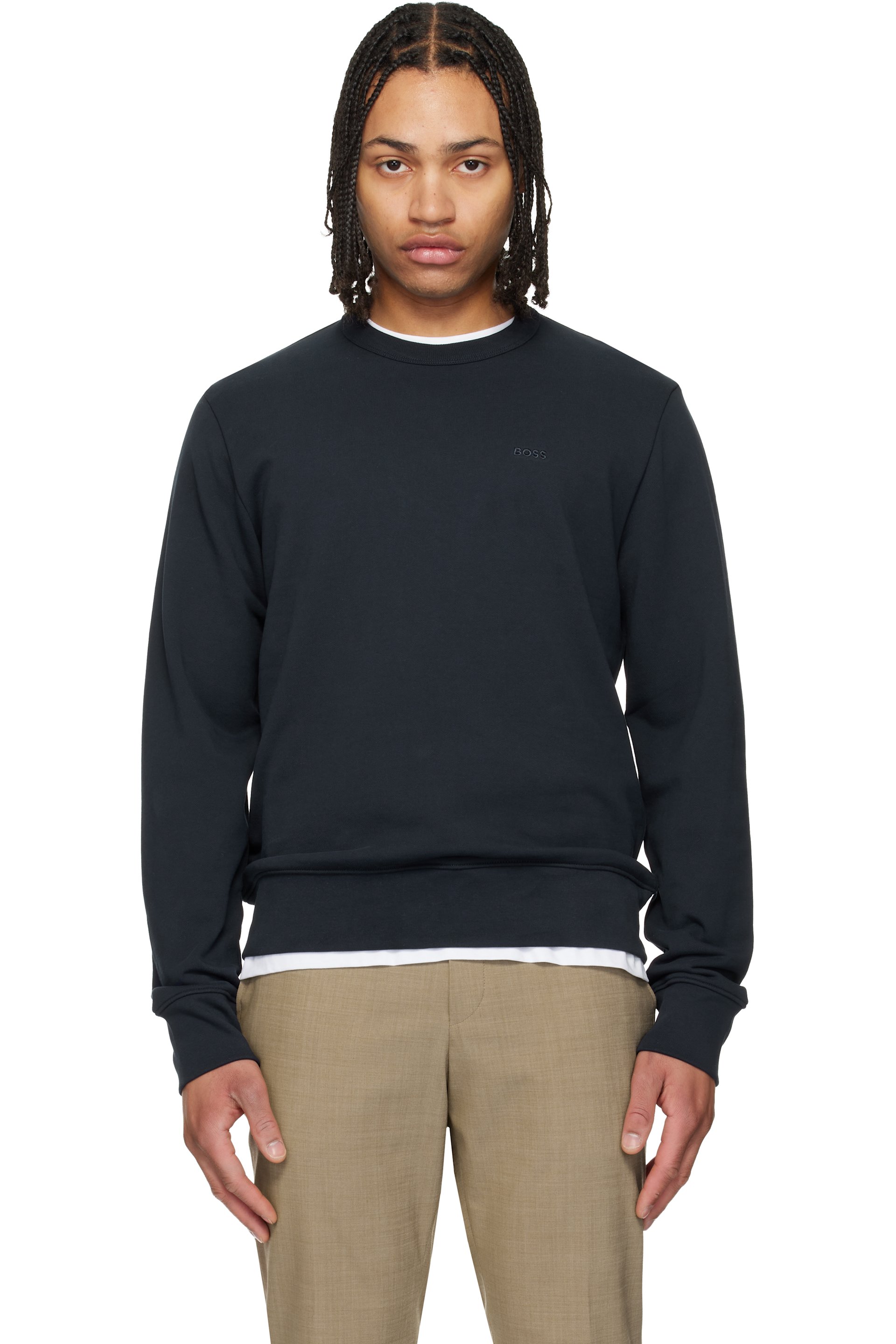 Boss - Pull molletonné bleu marine en jersey bouclette de coton à logo ton sur ton