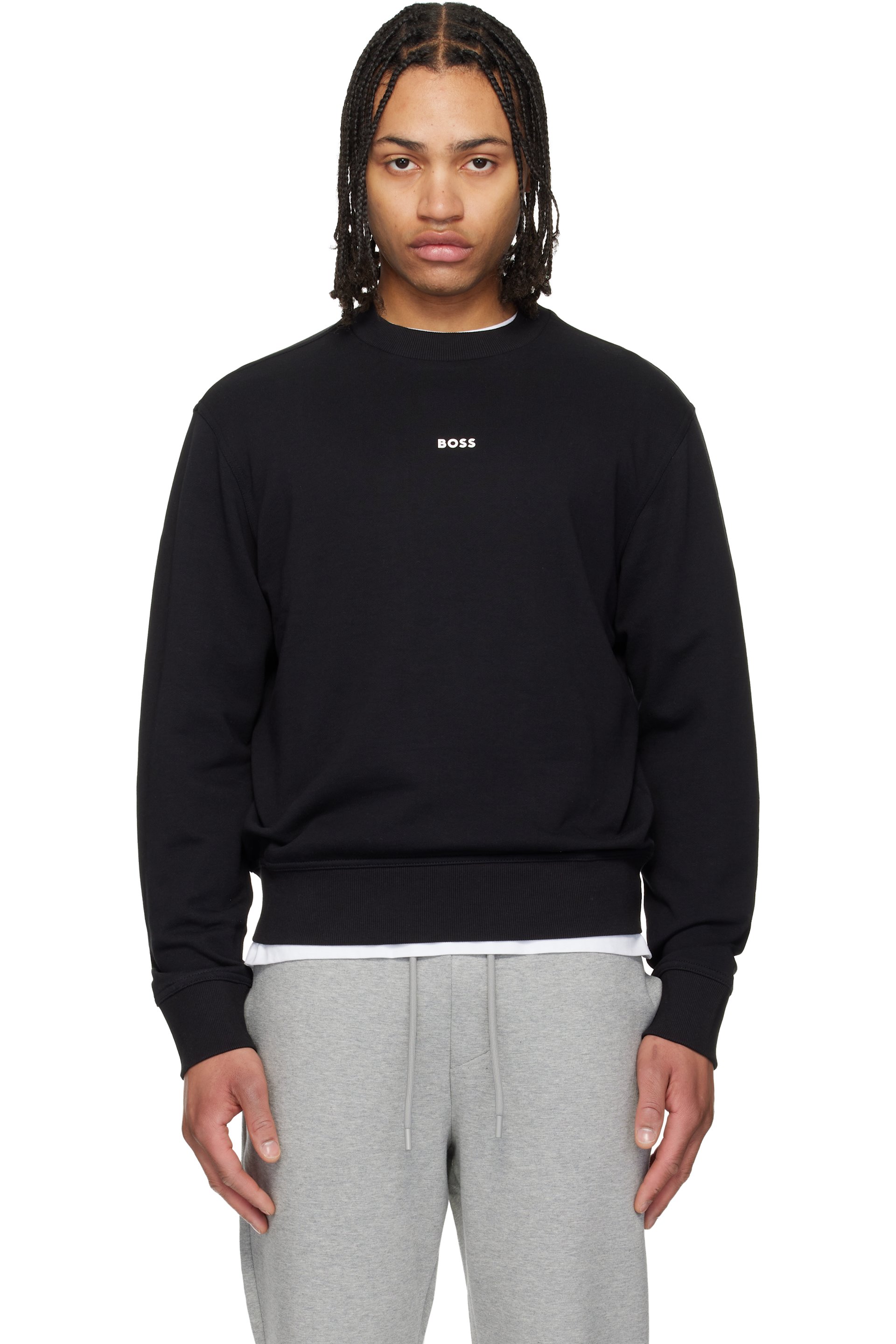 Boss - Pull molletonné décontracté noir en jersey bouclette à logo contrastant