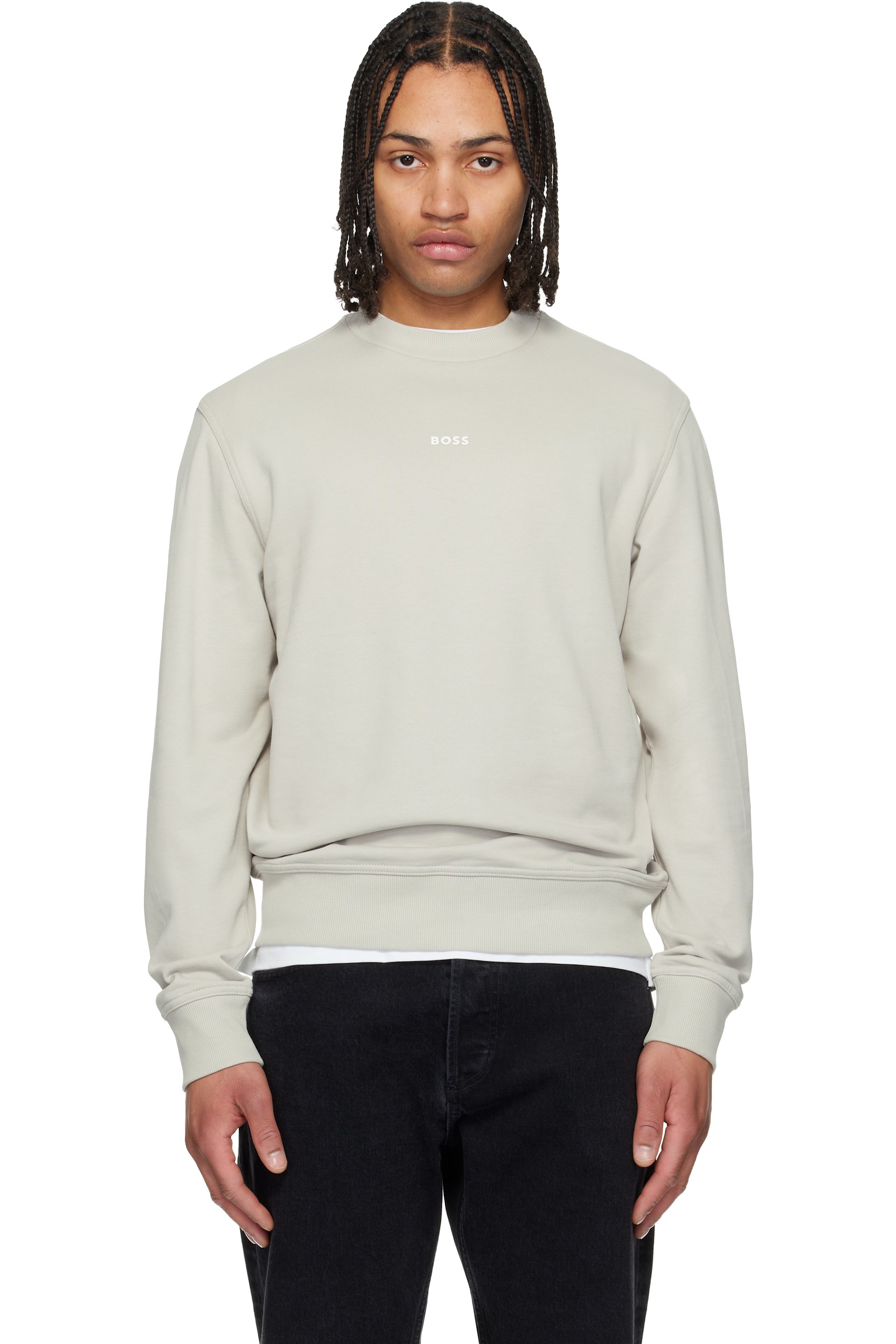 Boss - Pull molletonné décontracté gris en jersey bouclette à logo contrastant