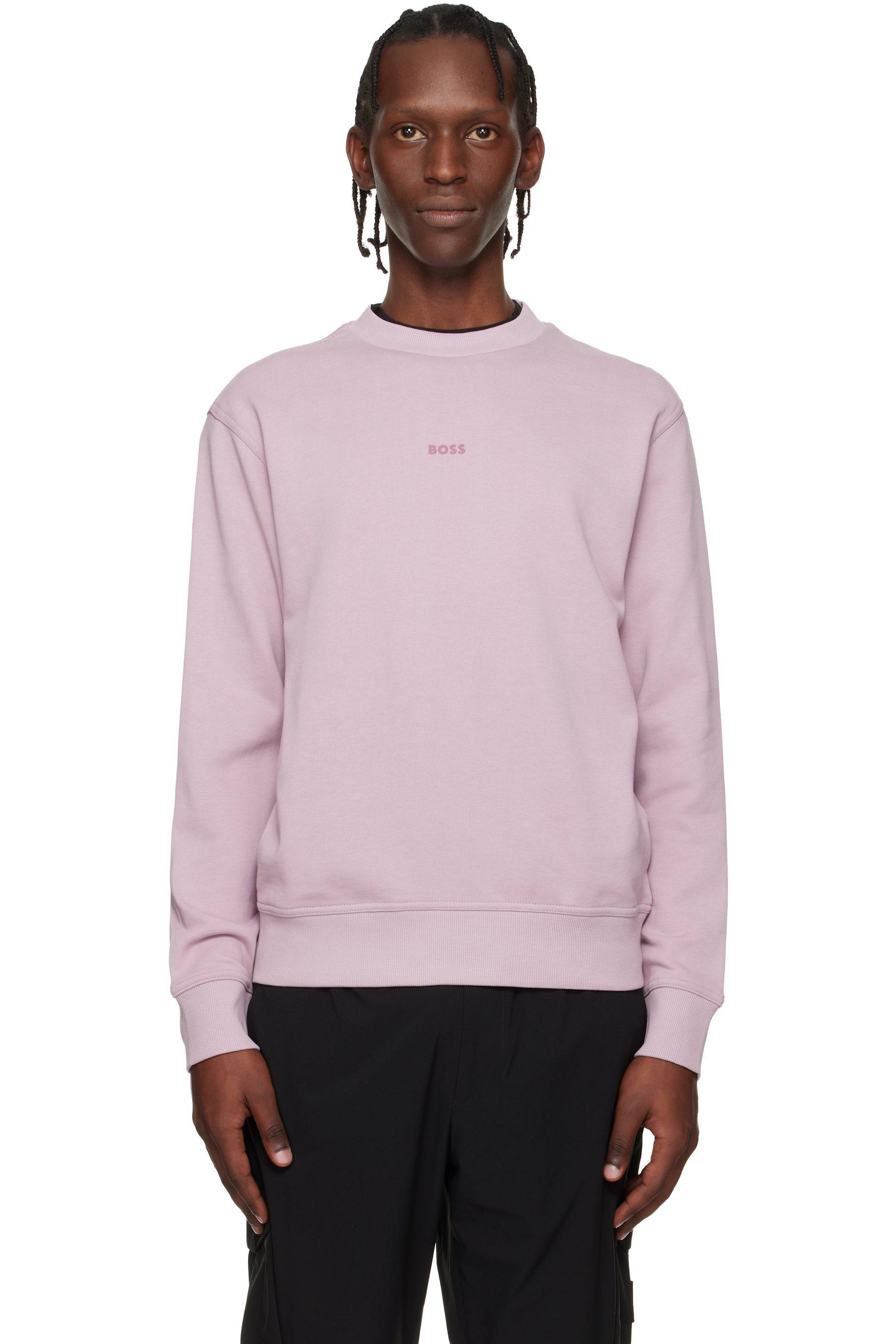 Boss - Pull molletonné décontracté mauve en jersey bouclette de coton à logo contrastant