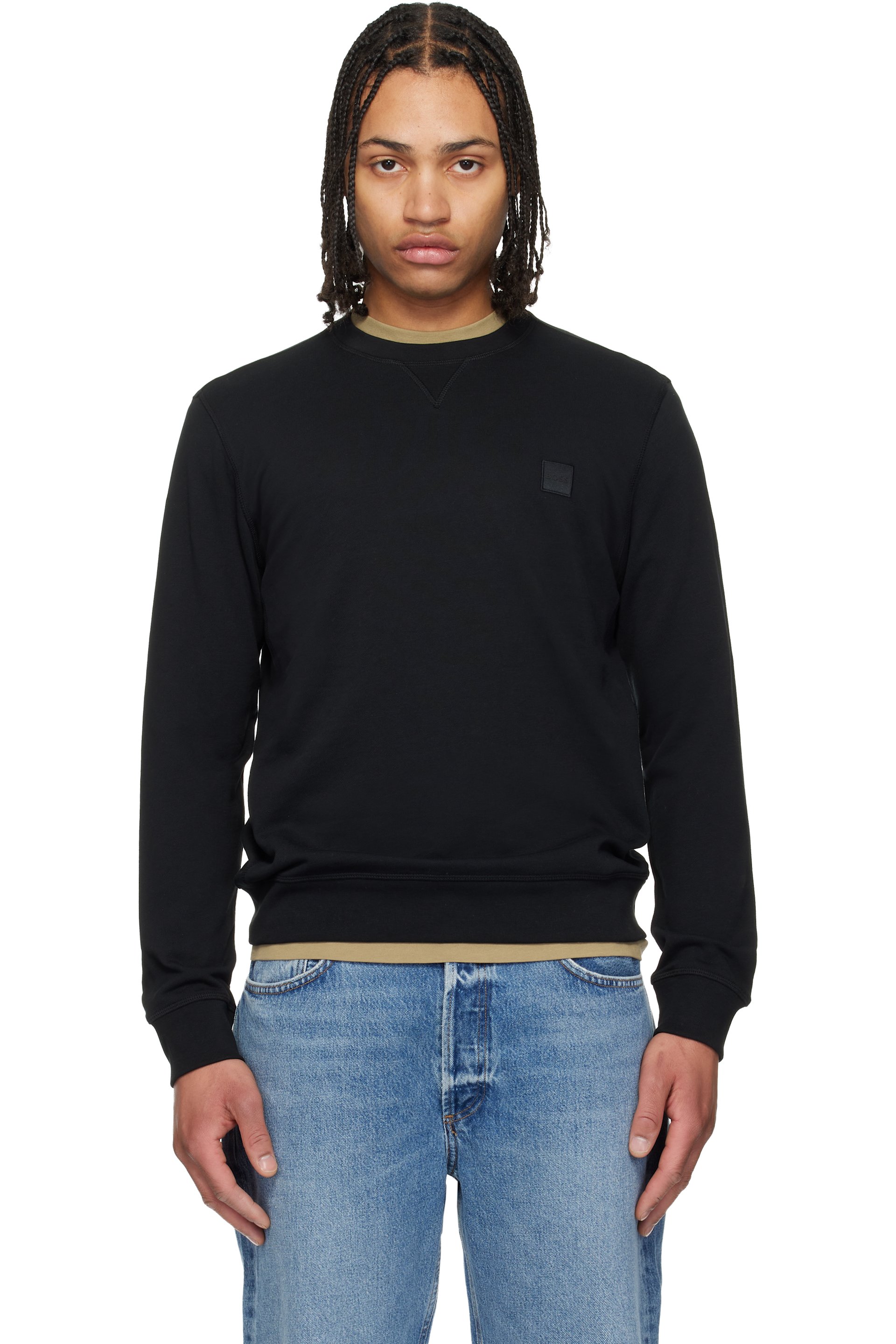 Boss - Pull molletonné noir en jersey bouclette à écusson à logo