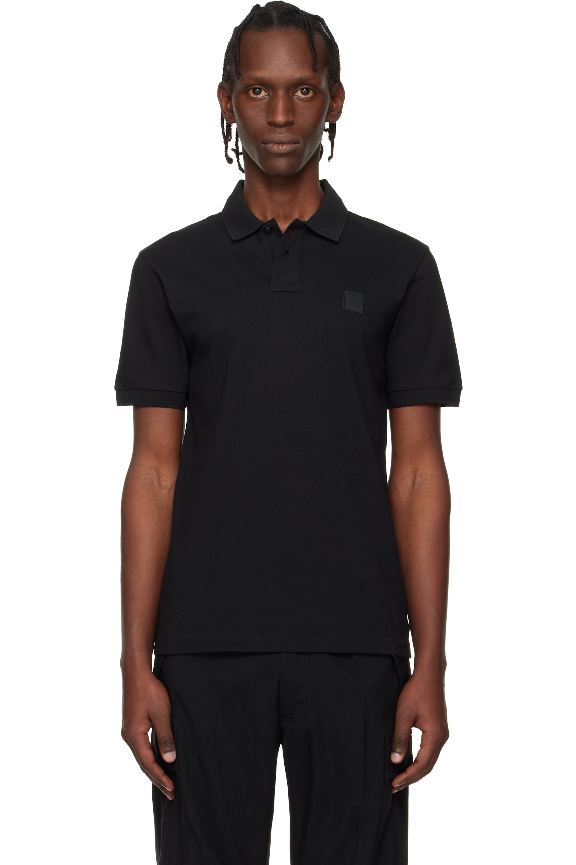 Boss - Polo ajusté noir en piqué extensible de coton à écusson à logo