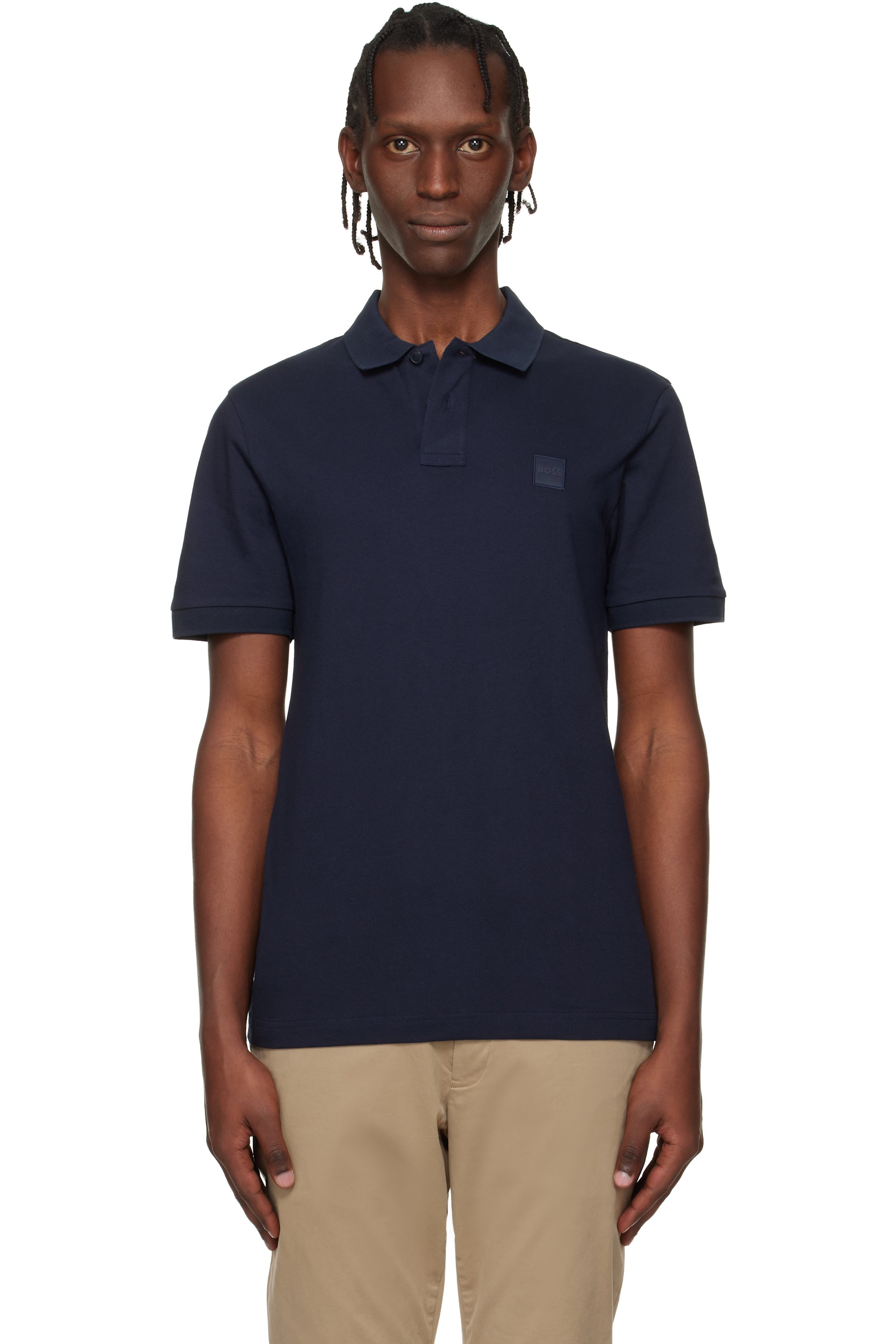 Boss - Polo ajusté bleu marine en piqué extensible de coton à écusson à logo