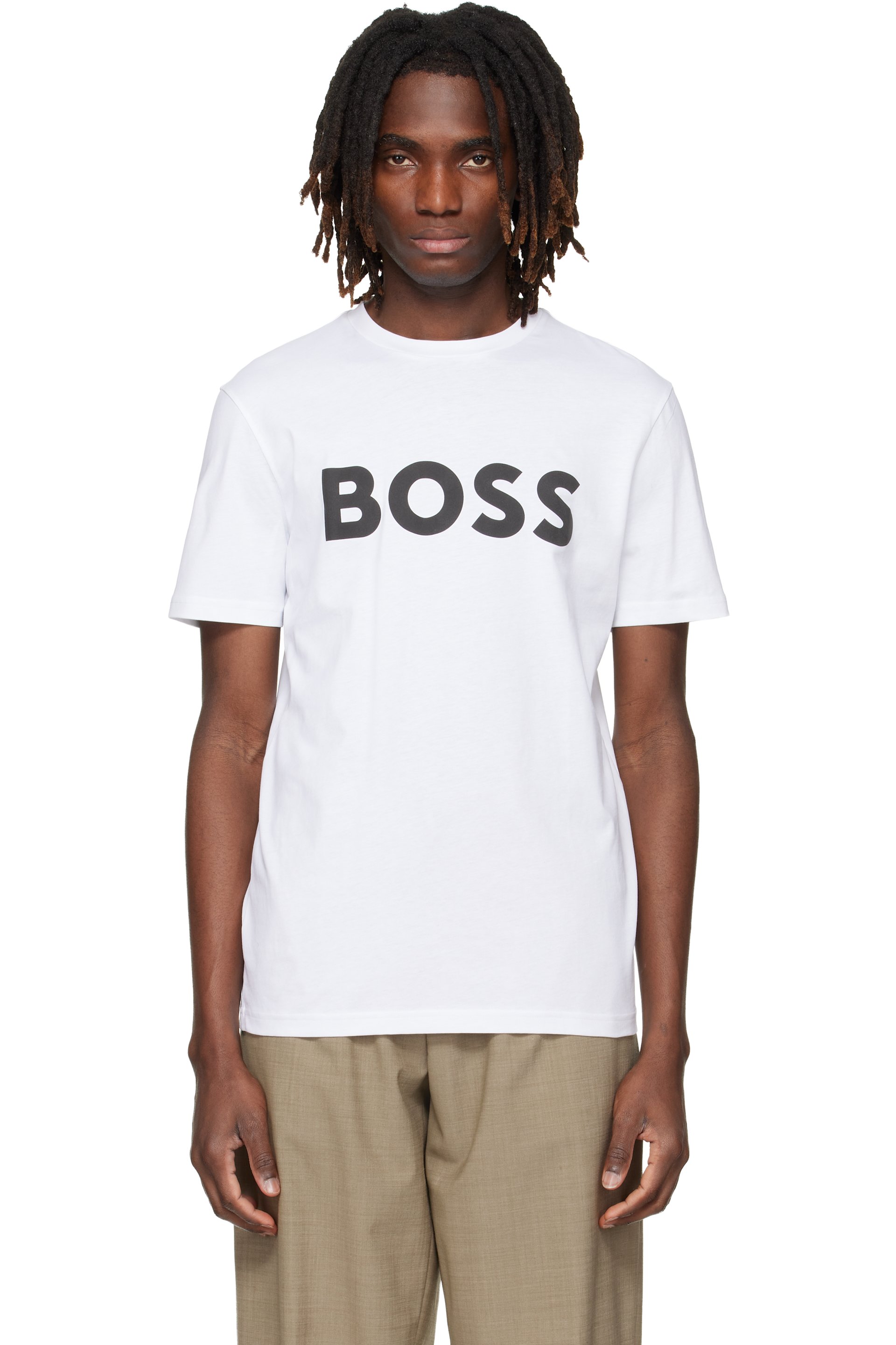 Boss - 화이트 라지 코튼 저지 로고 프린트 티셔츠