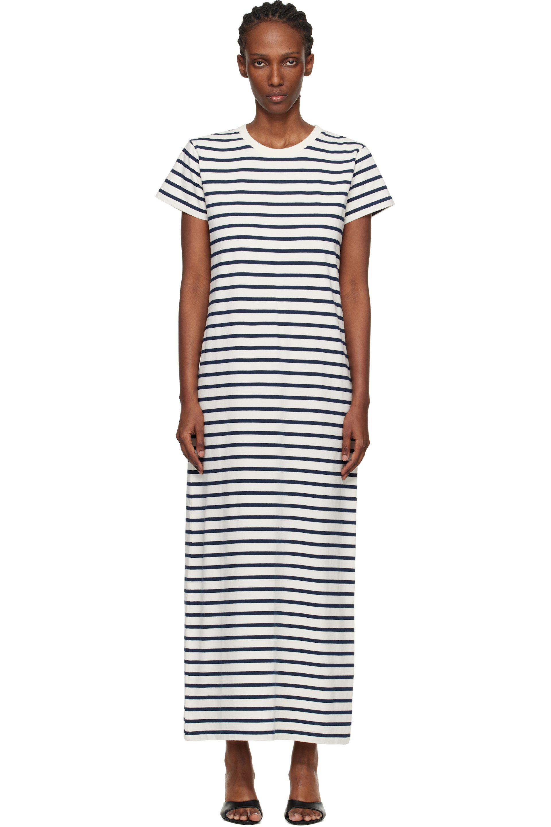 ANINE BING - Robe midi Wynne blanc cassé et bleu marine à rayures