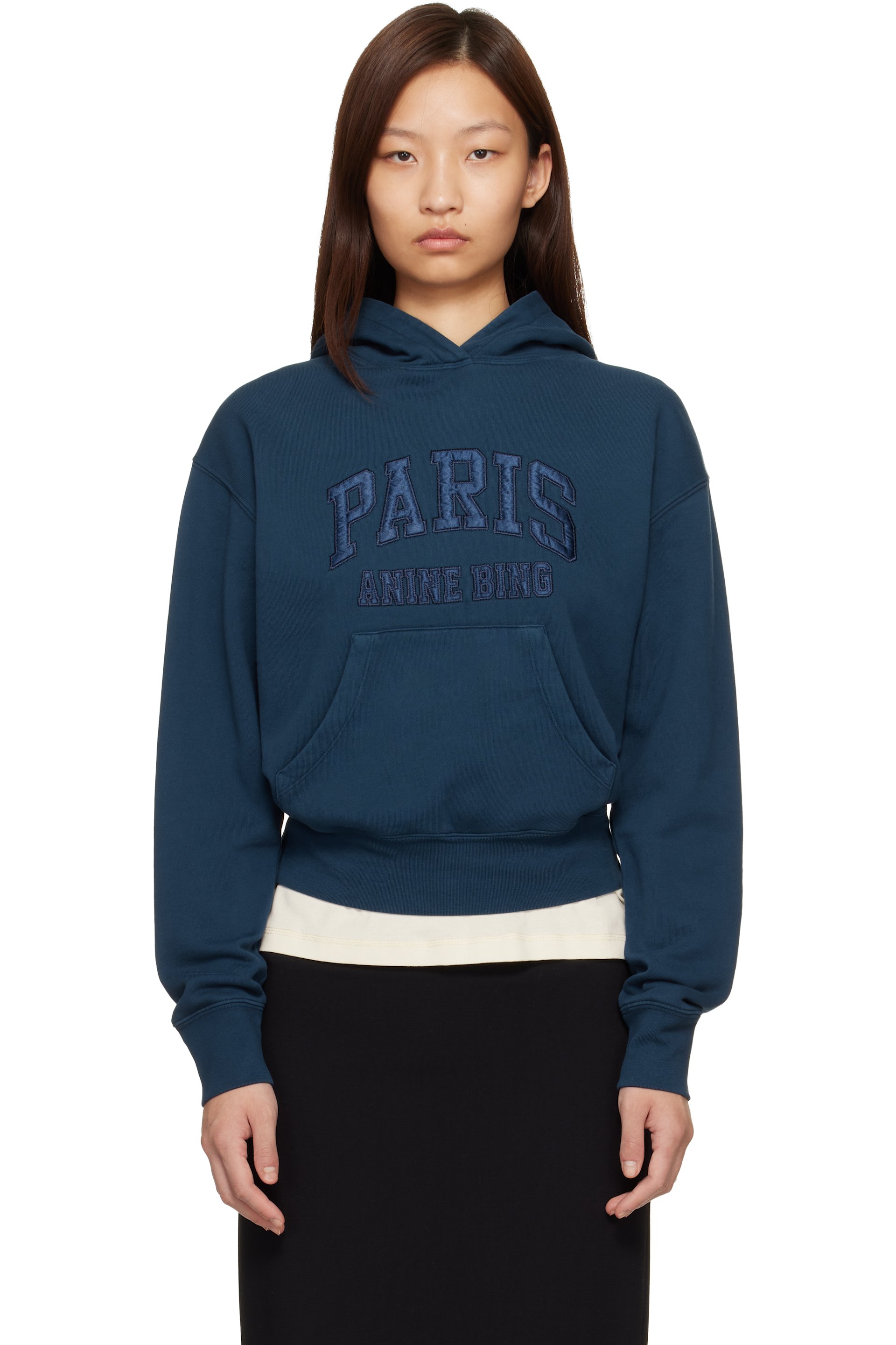 ANINE BING - Pull à capuche rétréci Debbie bleu marine à logo