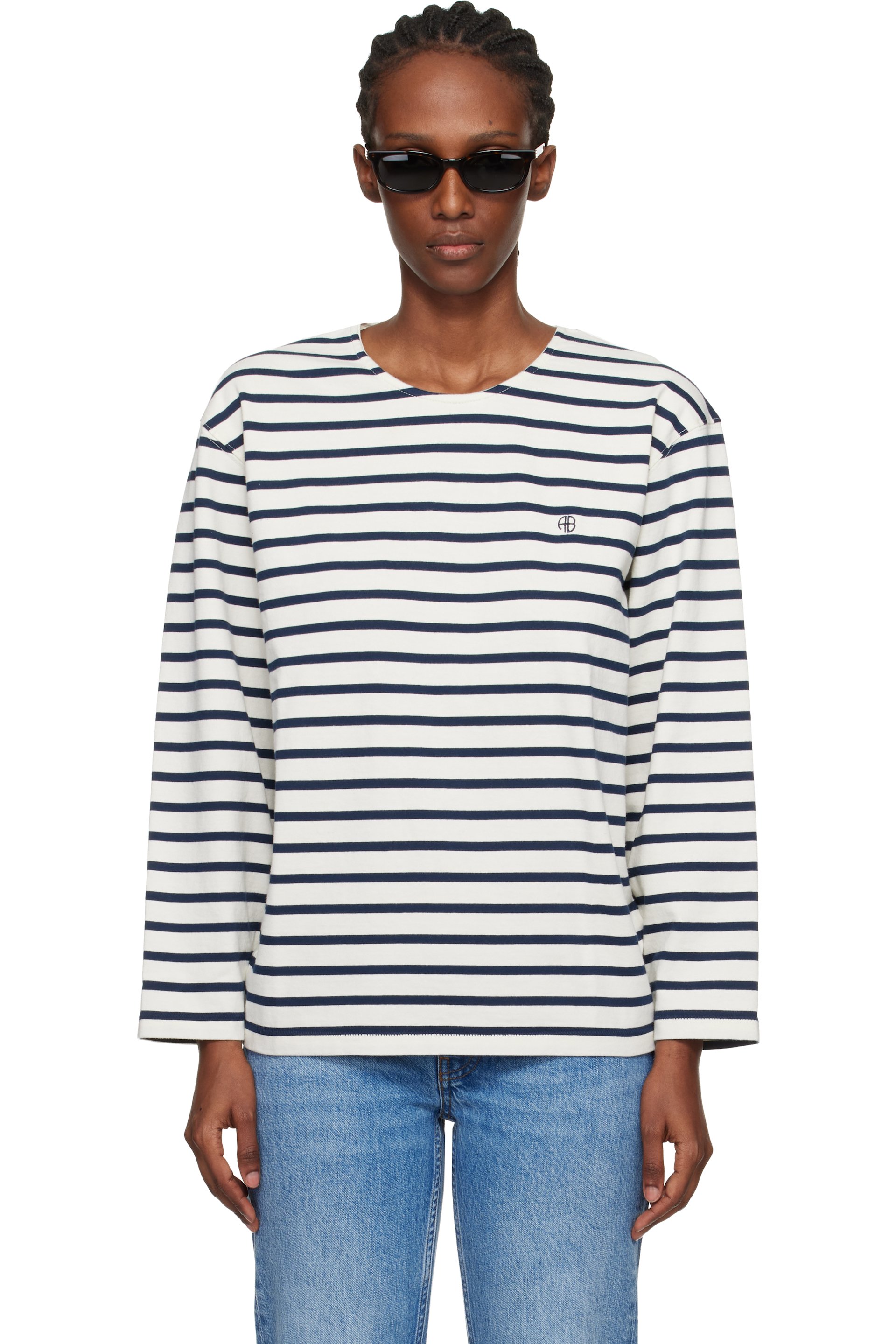 ANINE BING - T-shirt Newton blanc cassé et bleu marine