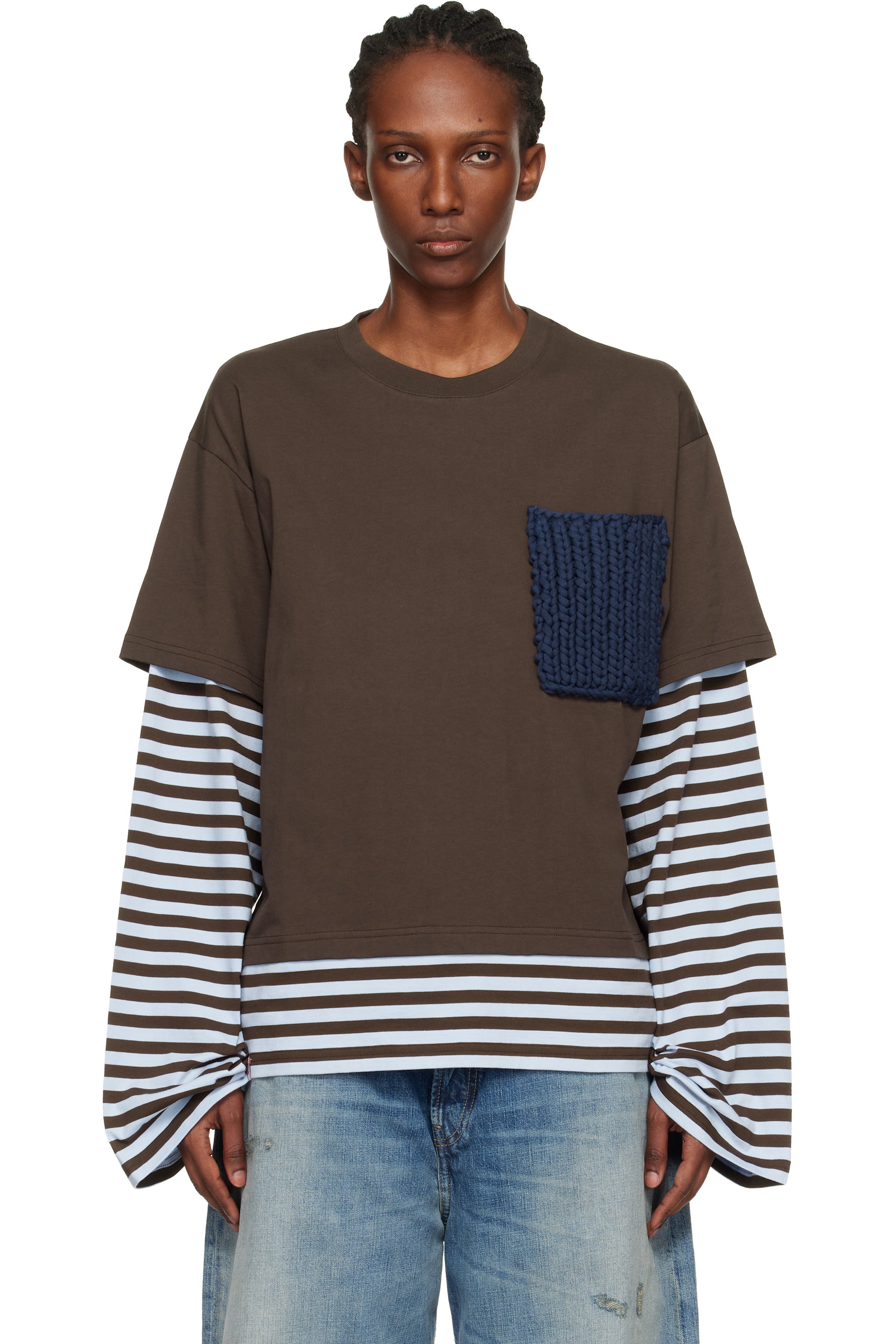 Charles Jeffrey LOVERBOY - T-shirt étagé à manches longues brun et bleu à poche plaquée