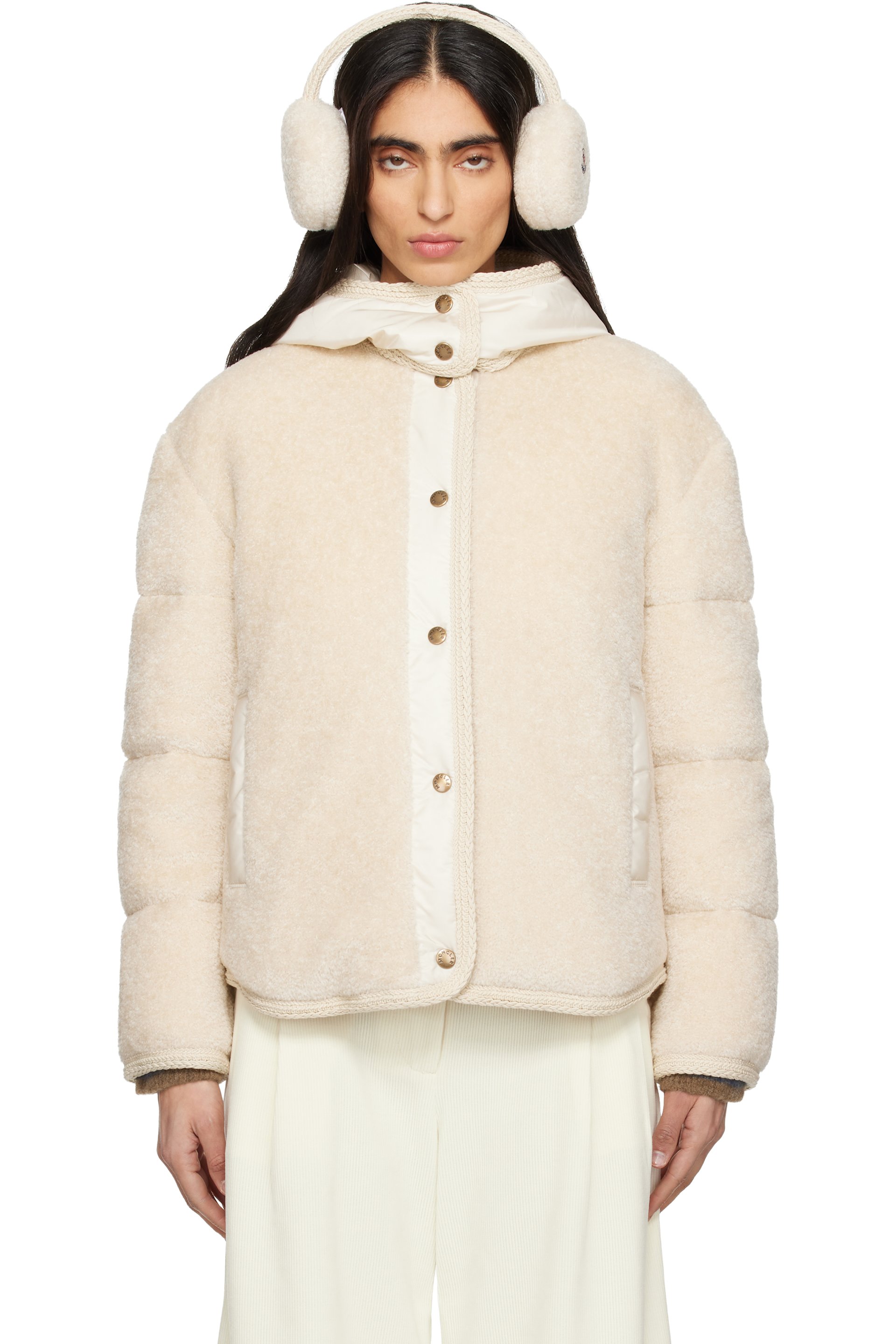 Moncler - Blouson Ciboulette beige en molleton rembourré en duvet à capuche