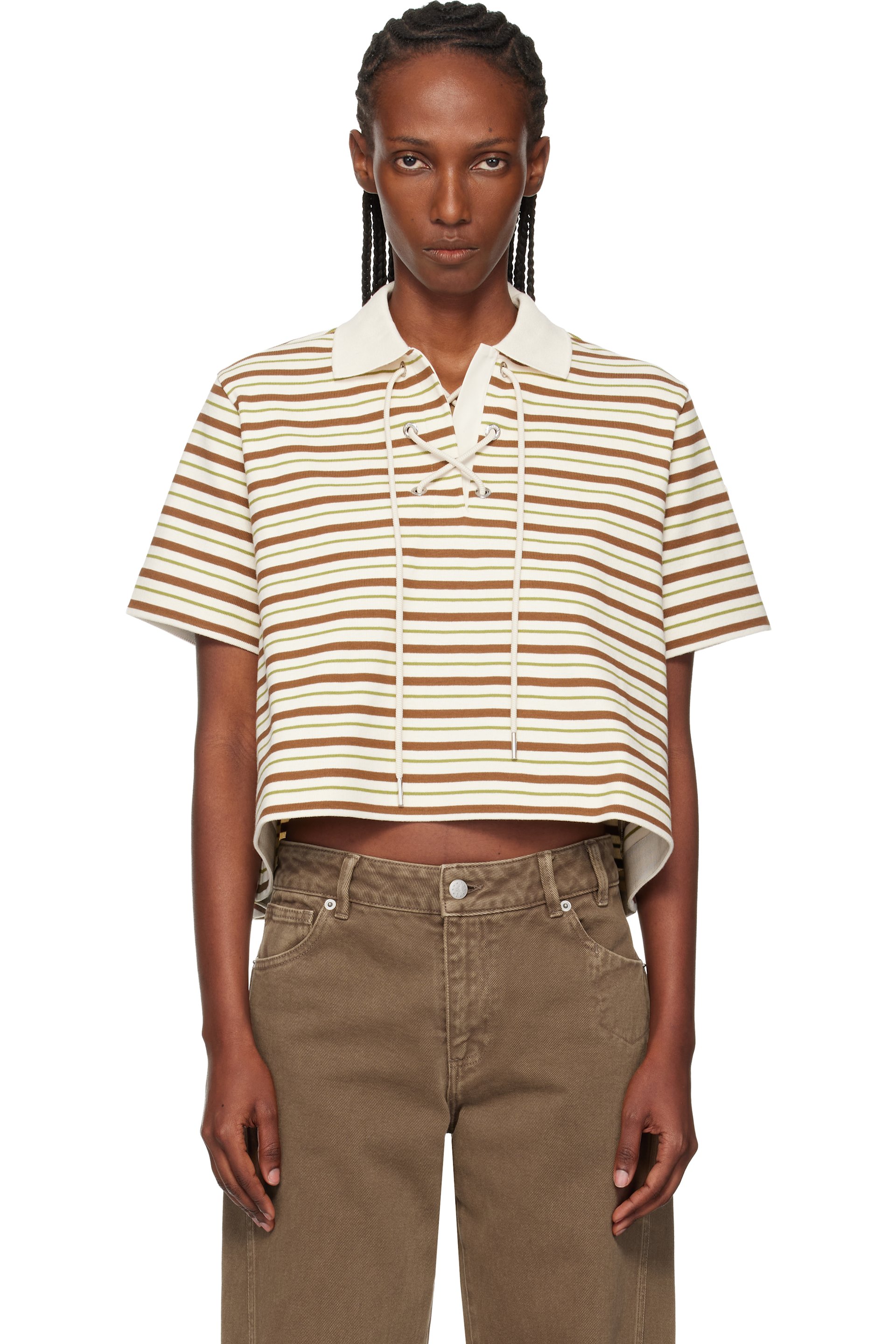 Moncler - Polo blanc cassé et brun en coton à rayures