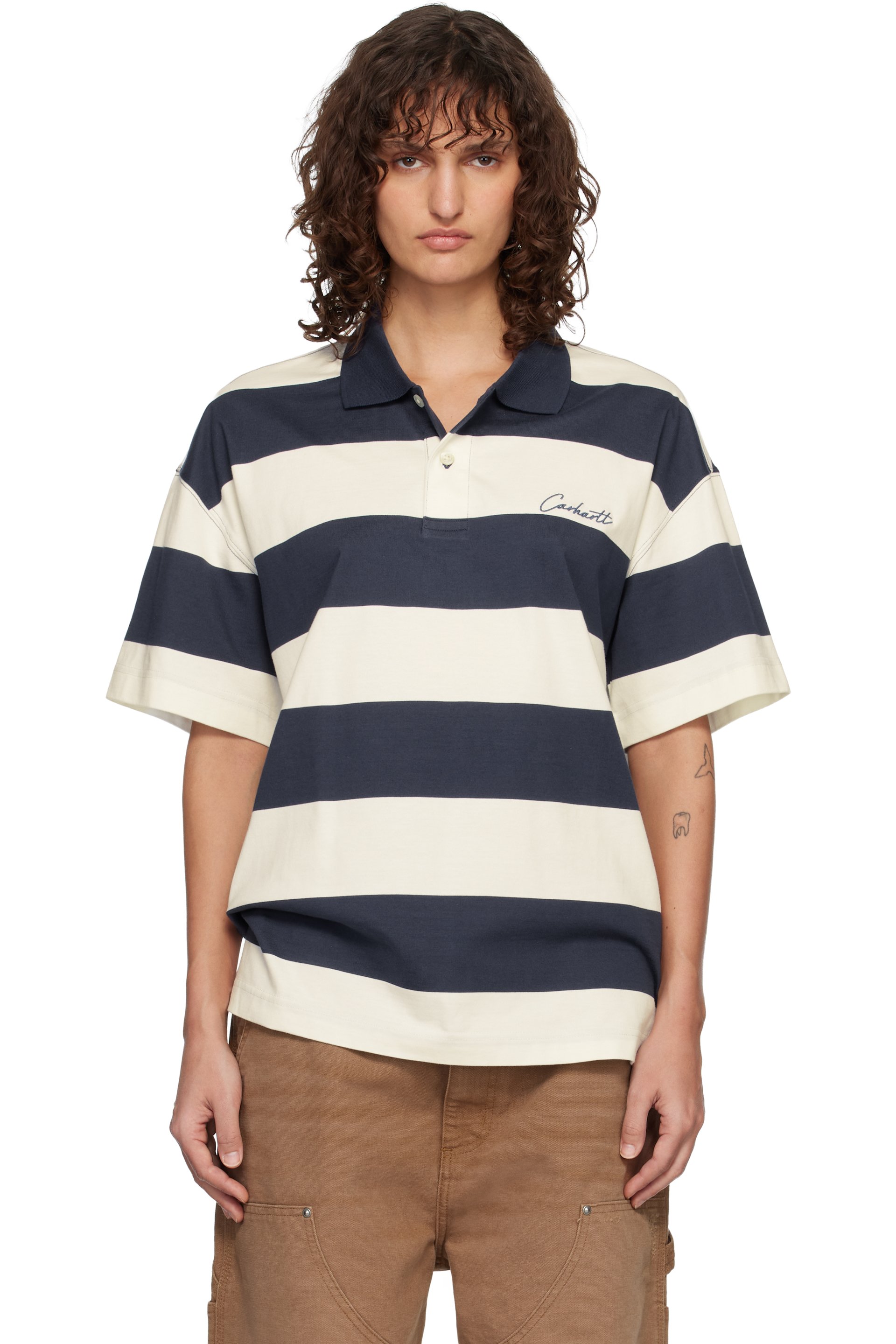 Carhartt Work In Progress - Polo à manches courtes Delray blanc et bleu à rayures