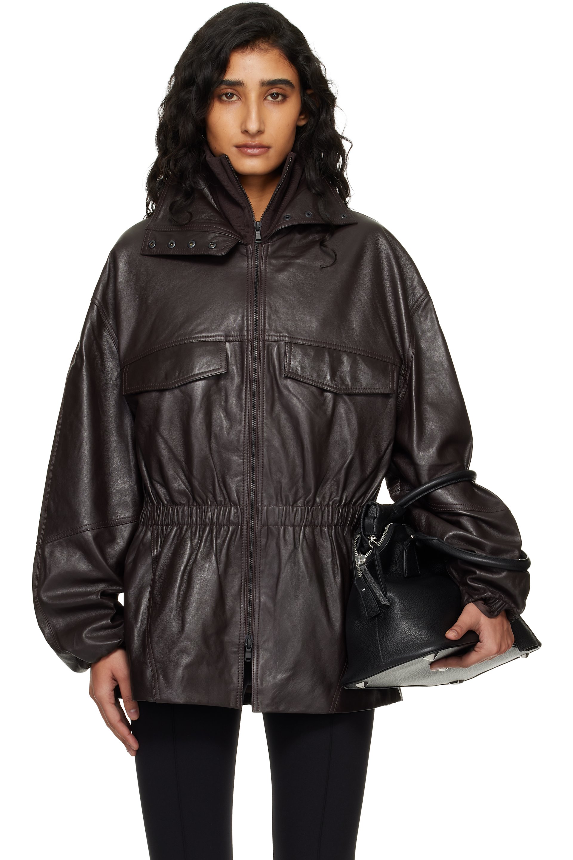 The Frankie Shop - Burgundy Carnaby Funnel Neck Leather Jacket
