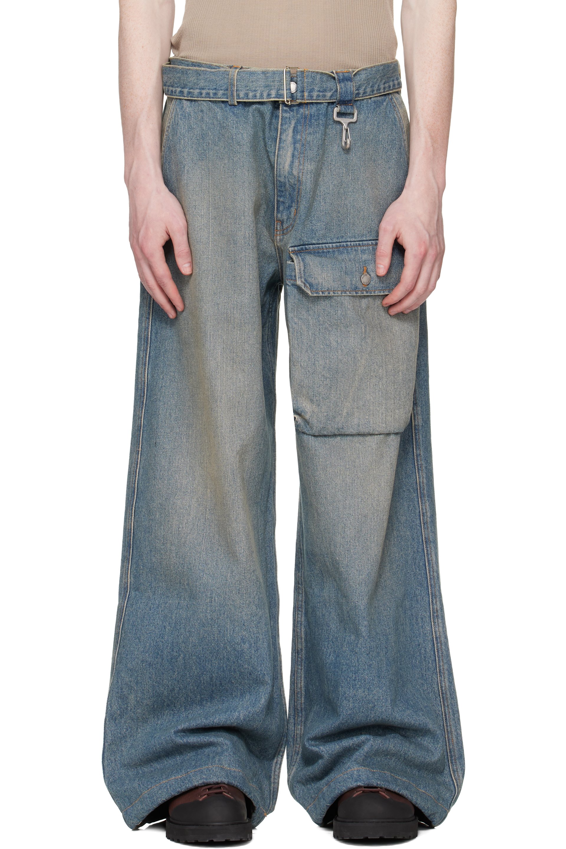 Reese Cooper - Blue Washed Denim Patch Pocket Belted Cargo Jeans