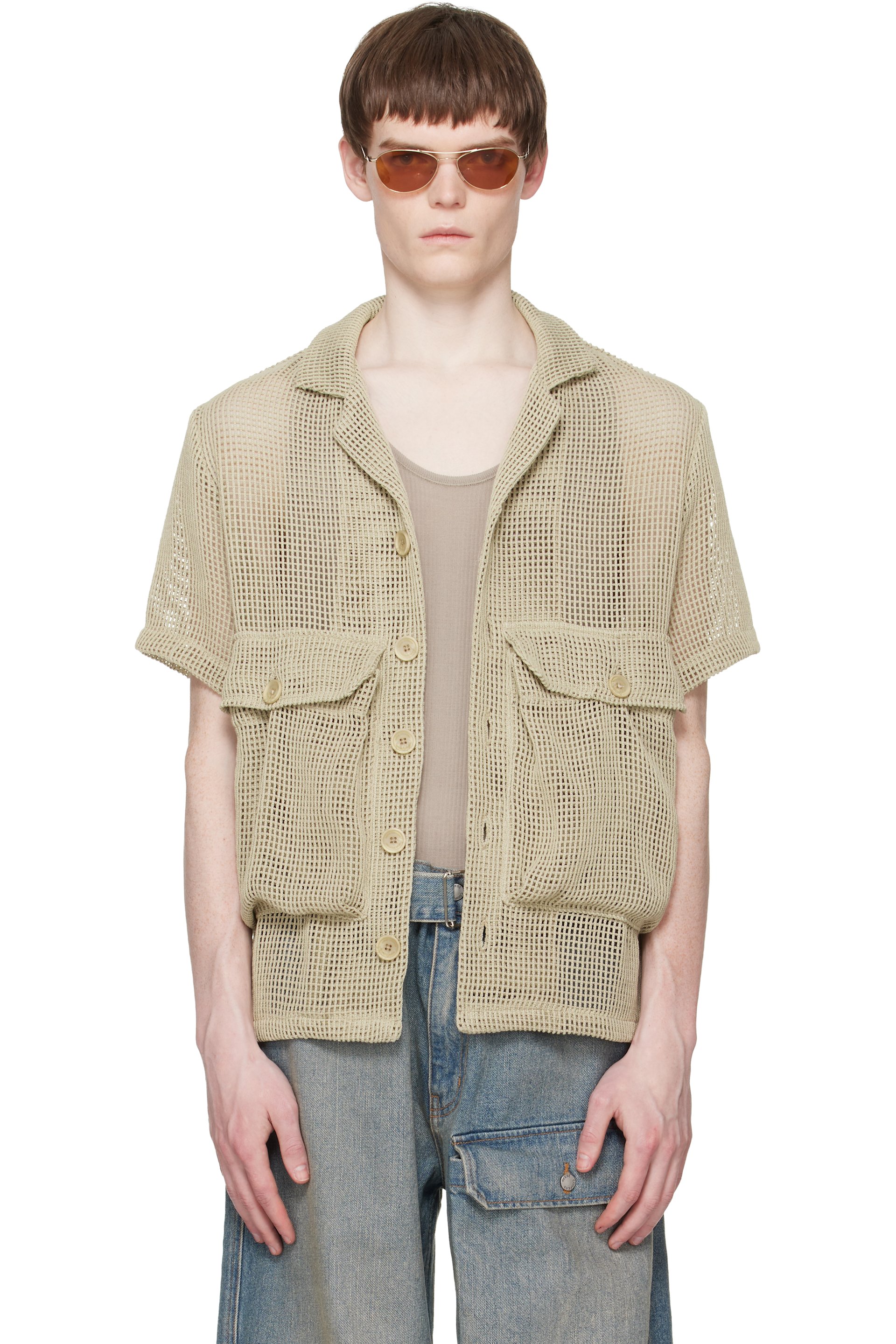 Reese Cooper - Khaki Crochet Knit Short Sleeve Cargo Shirt