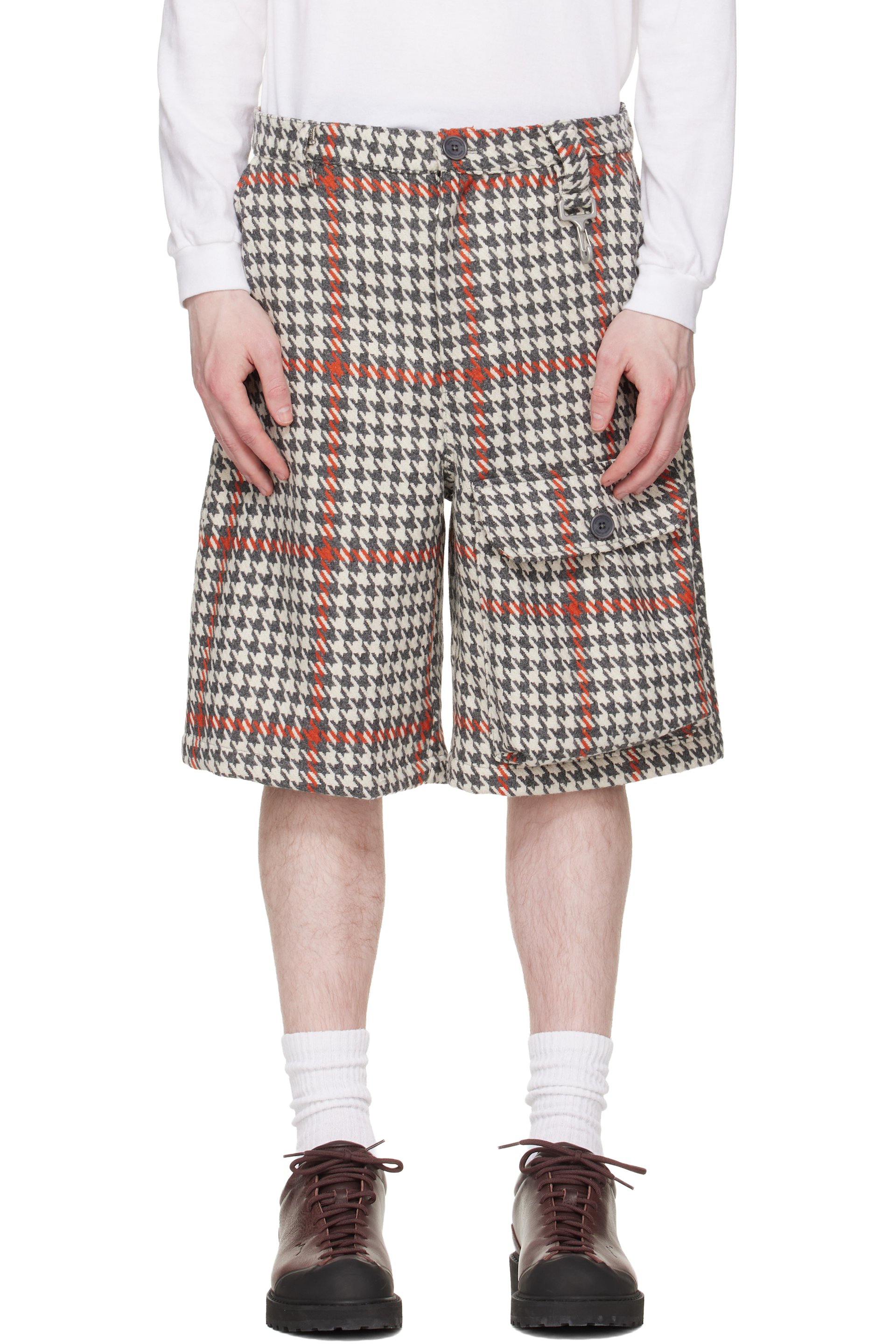 Reese Cooper - White & Gray Wool Houndstooth Patch Pocket Shorts