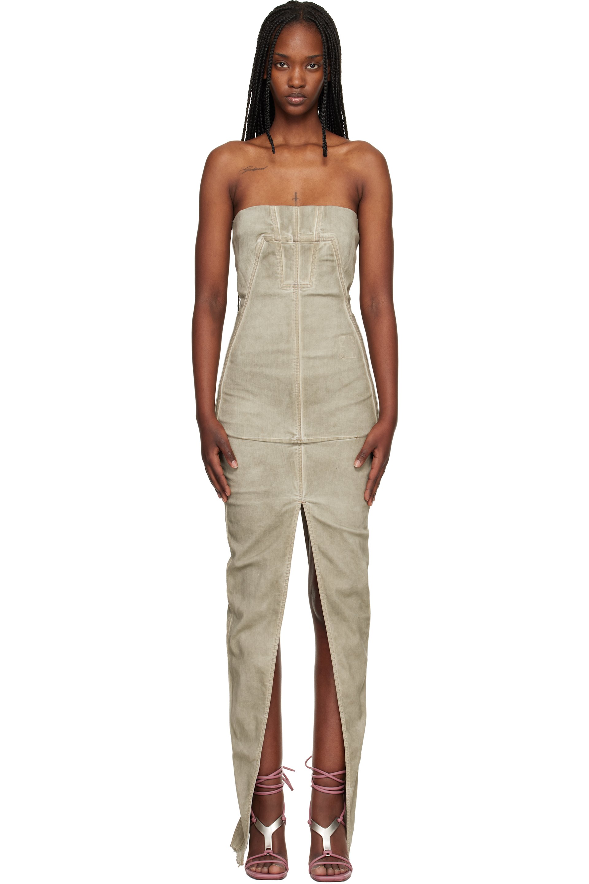Rick Owens DRKSHDW - Taupe Temple Sliced Bustier Denim Maxi Dress