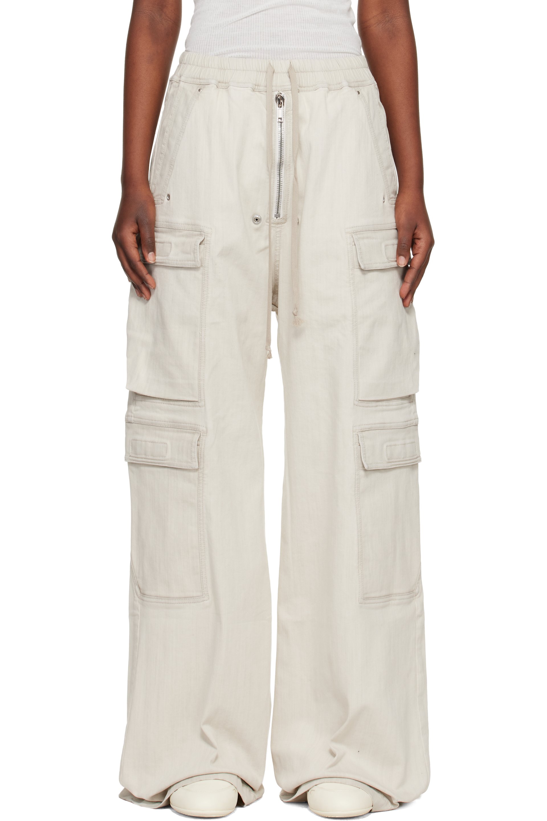 Rick Owens DRKSHDW - Pantalon cargo ample blanc cassé en denim à glissière Bela - Temple