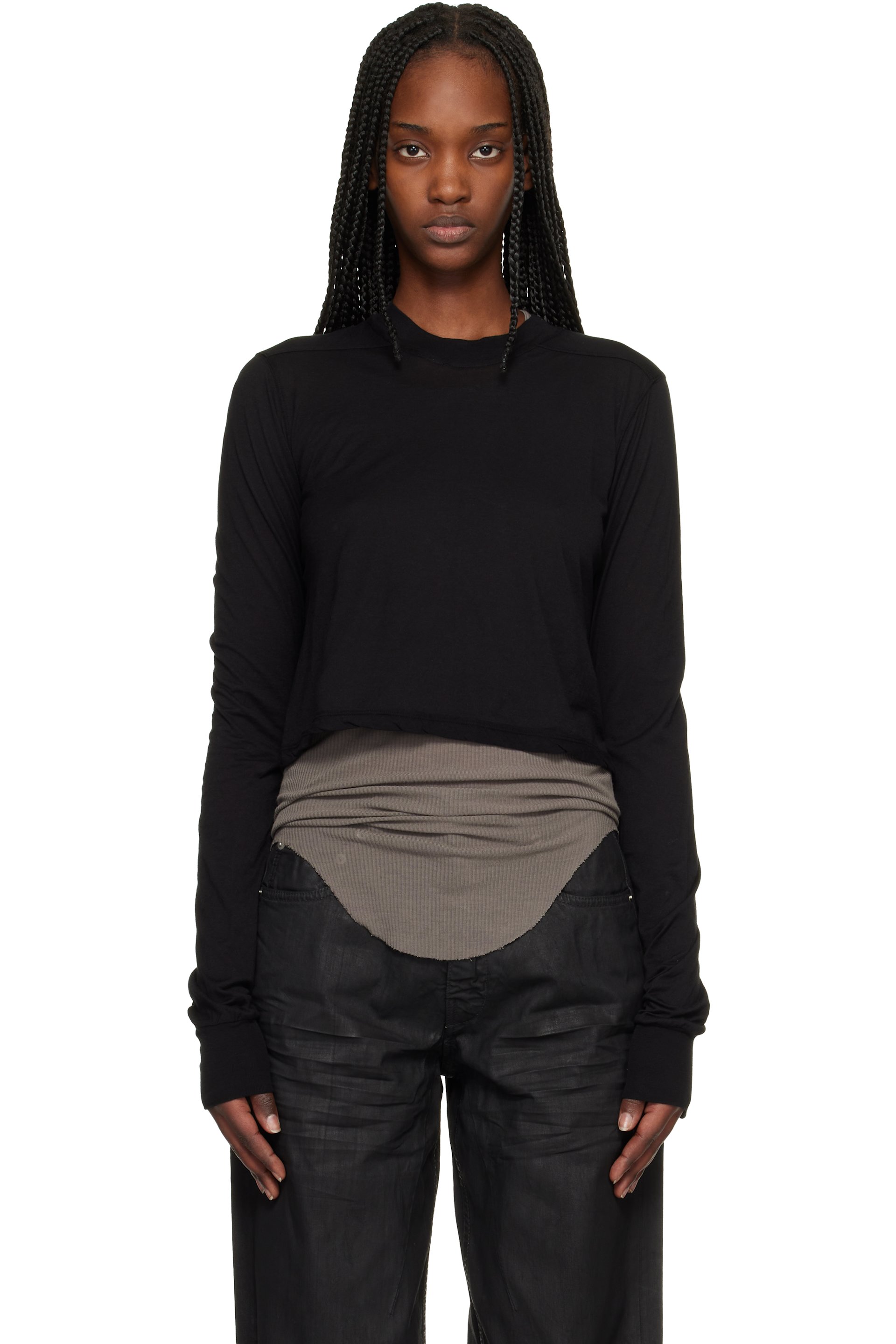 Rick Owens DRKSHDW - T-shirt à manches longues écourté noir à couture horizontale aux épaules - Temple