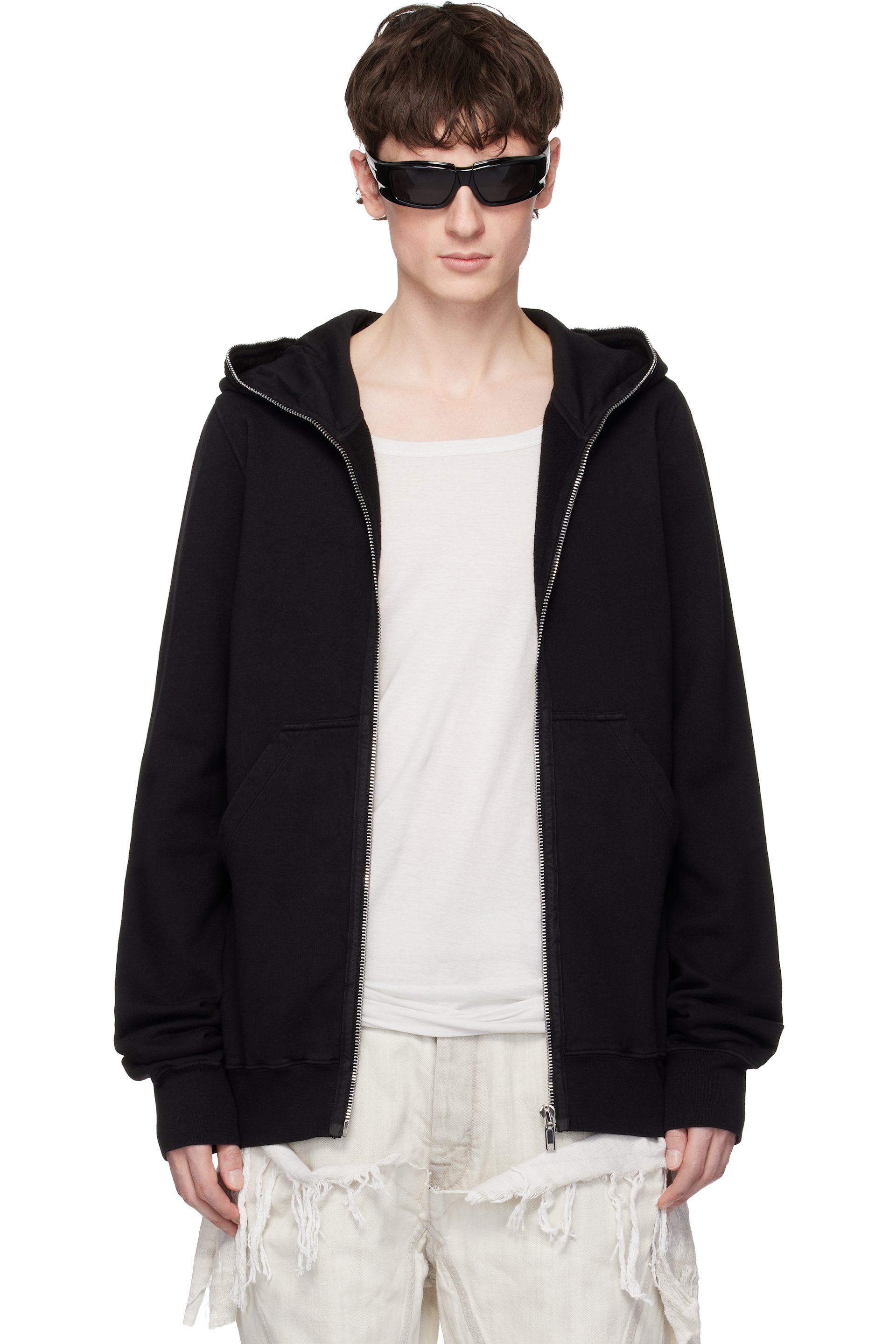 Rick Owens DRKSHDW: Black Zip-Up Fleece Hoodie | SSENSE