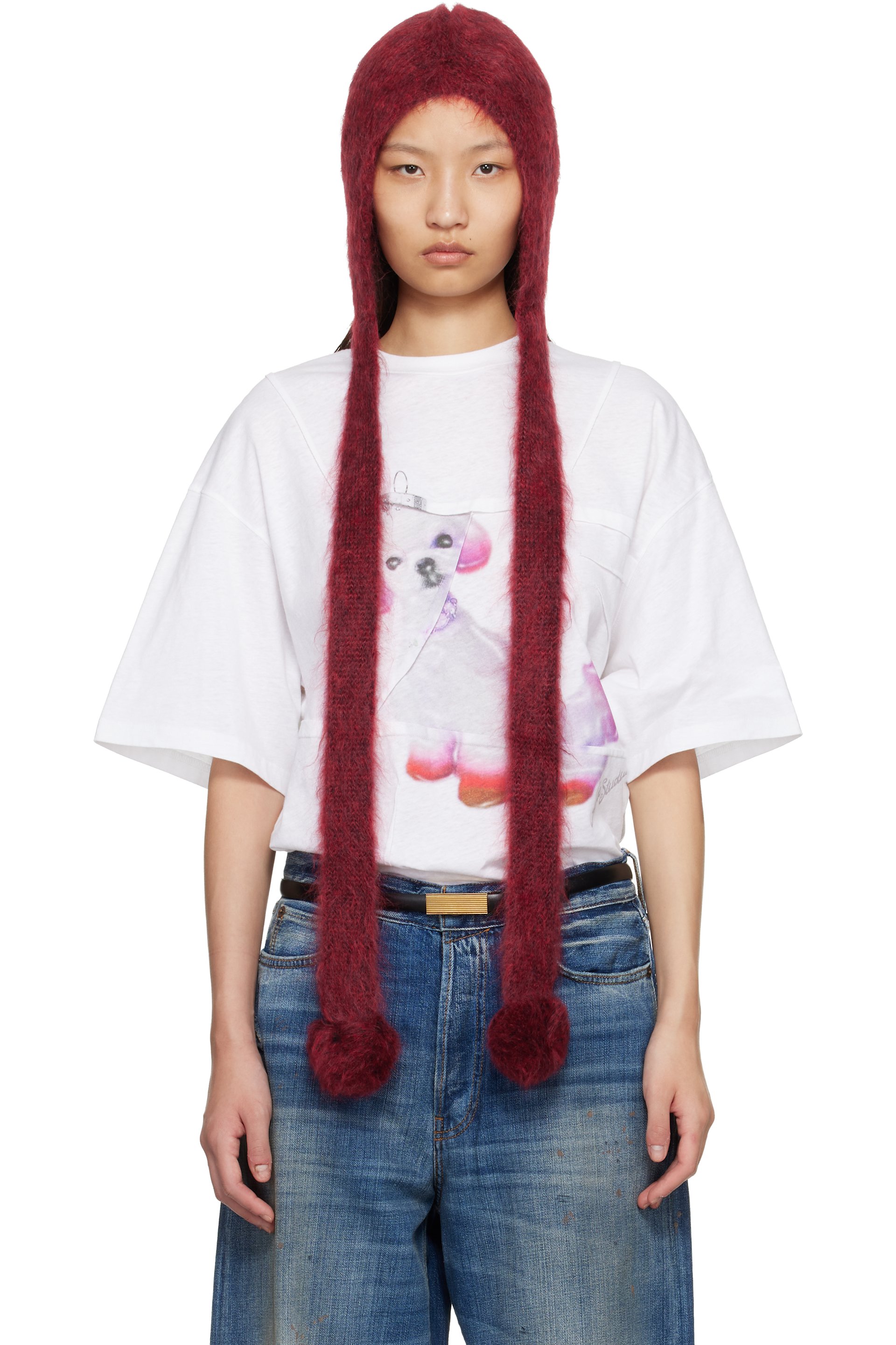 Acne Studios - Capuche rouge en mohair à oreillettes