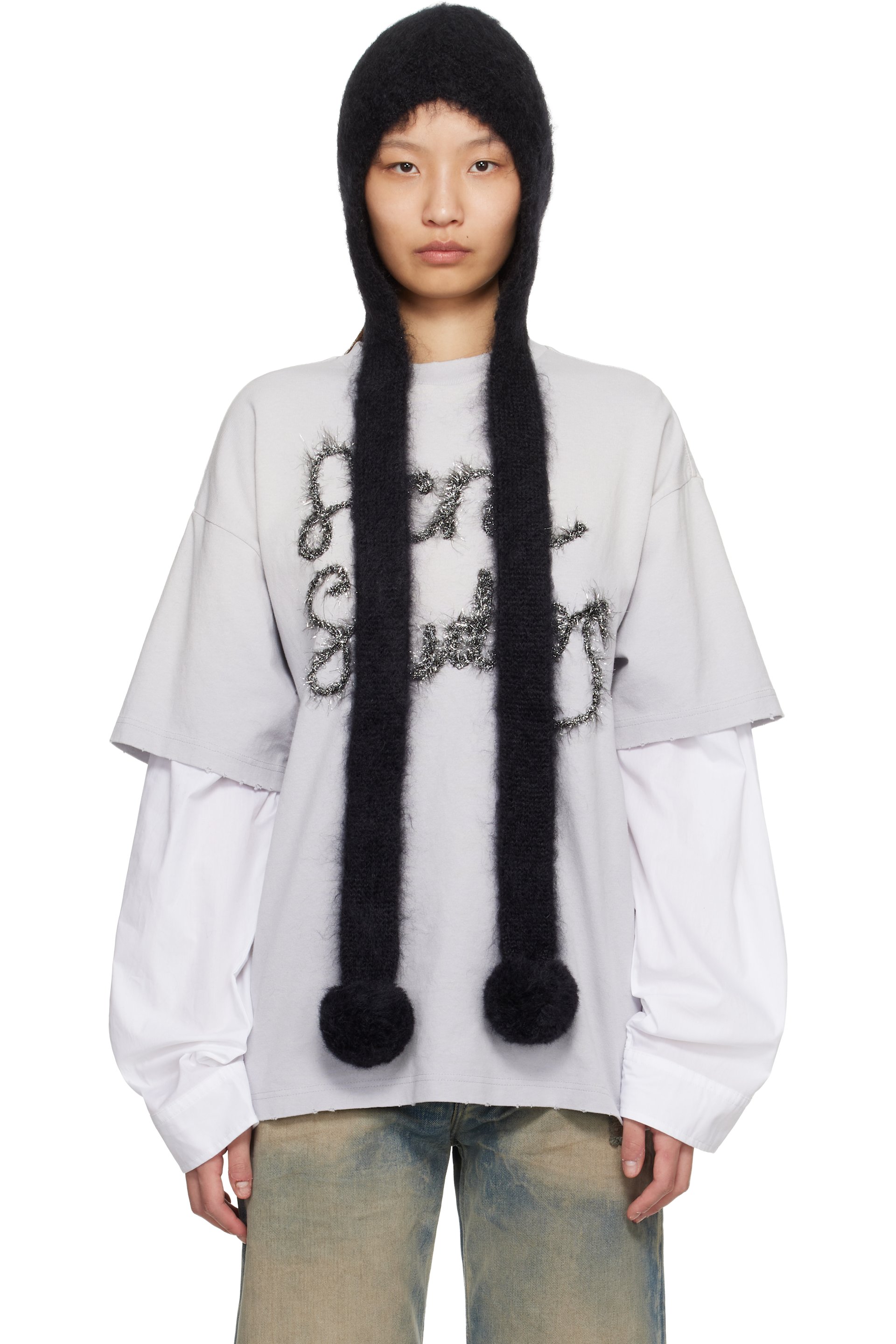 Acne Studios - Capuche noire en mohair à oreillettes
