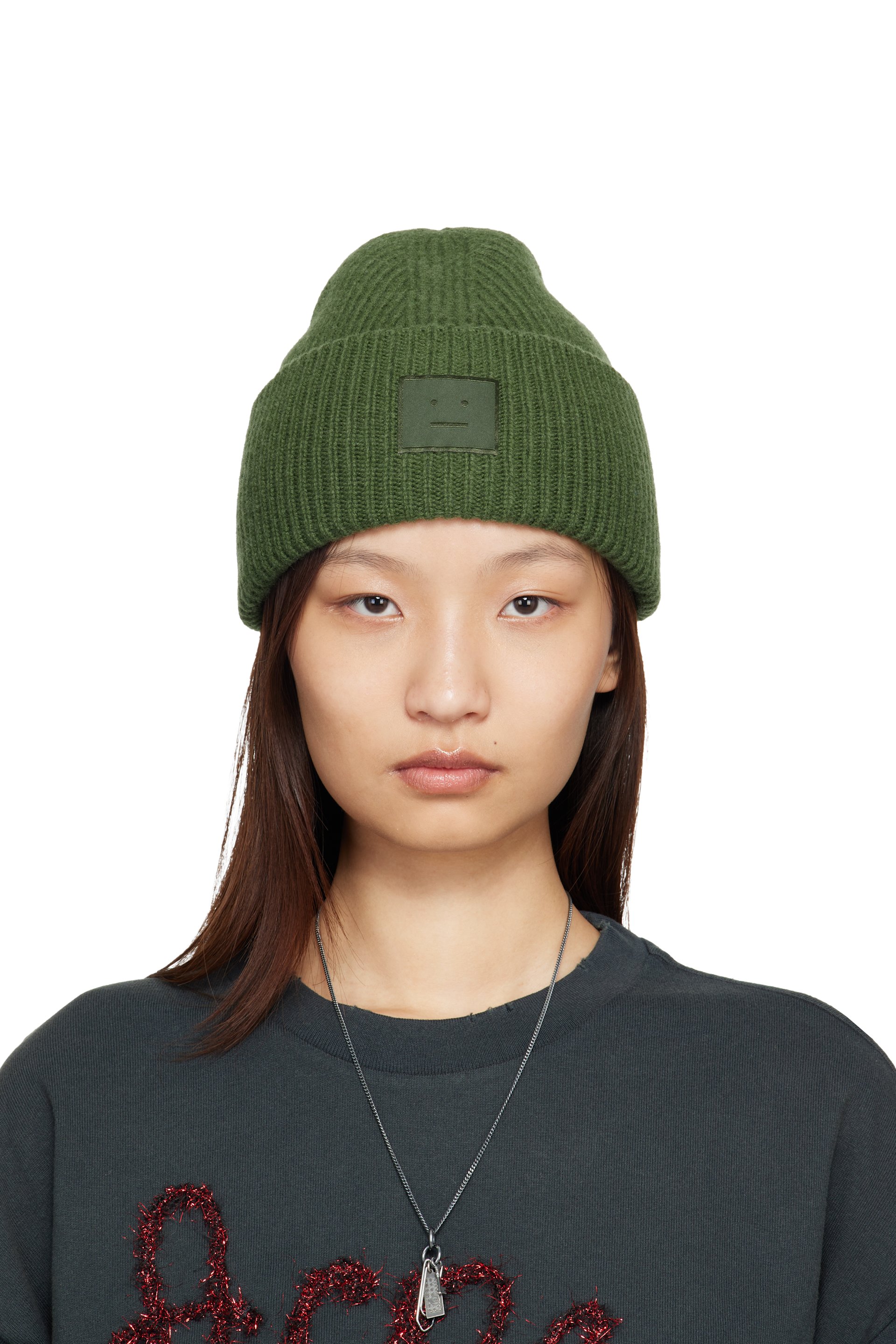 Acne Studios - Bonnet vert à écusson à logo Face