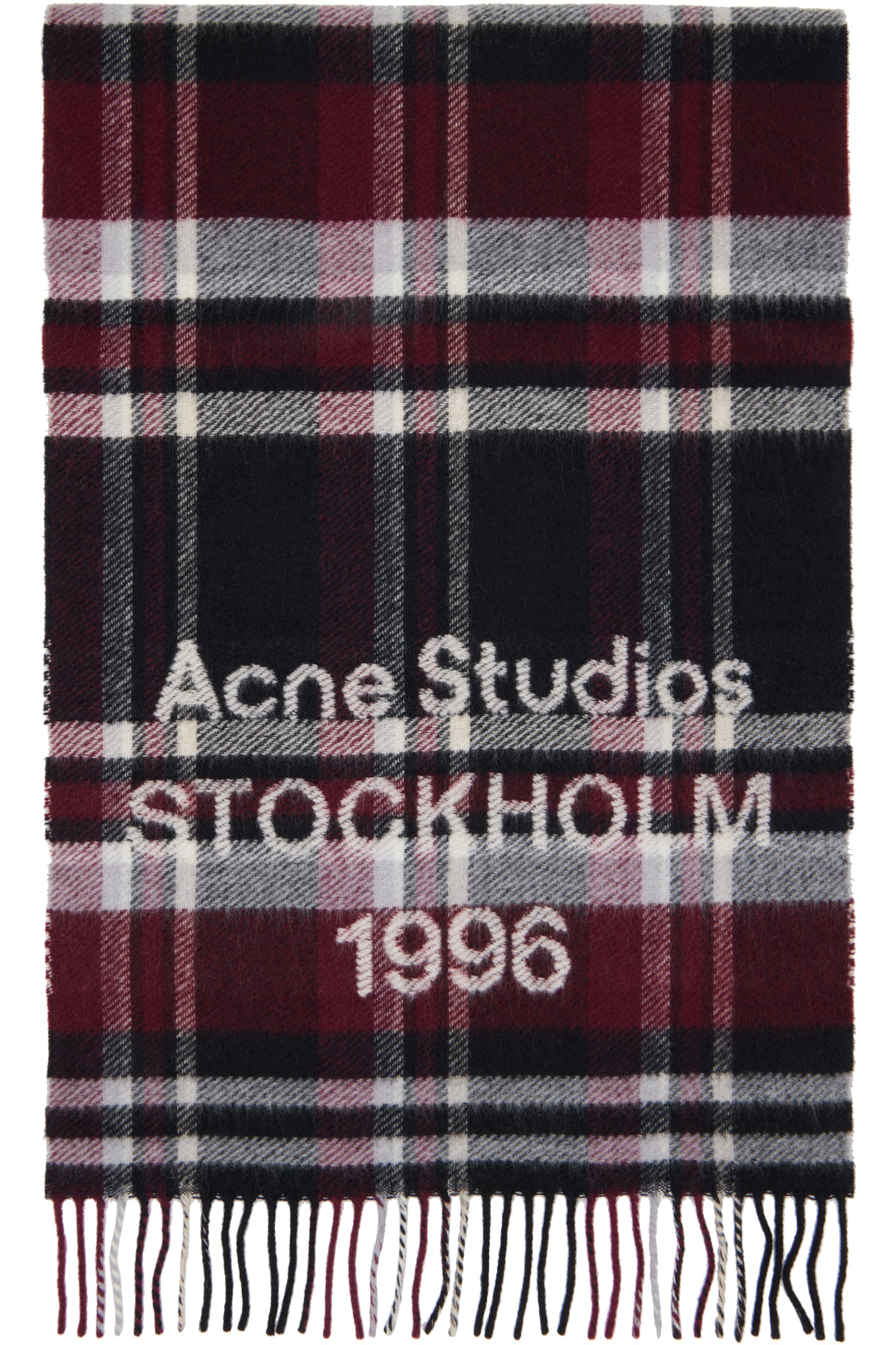 Acne Studios - 블랙 & 버건디 로고 프린지 스카프