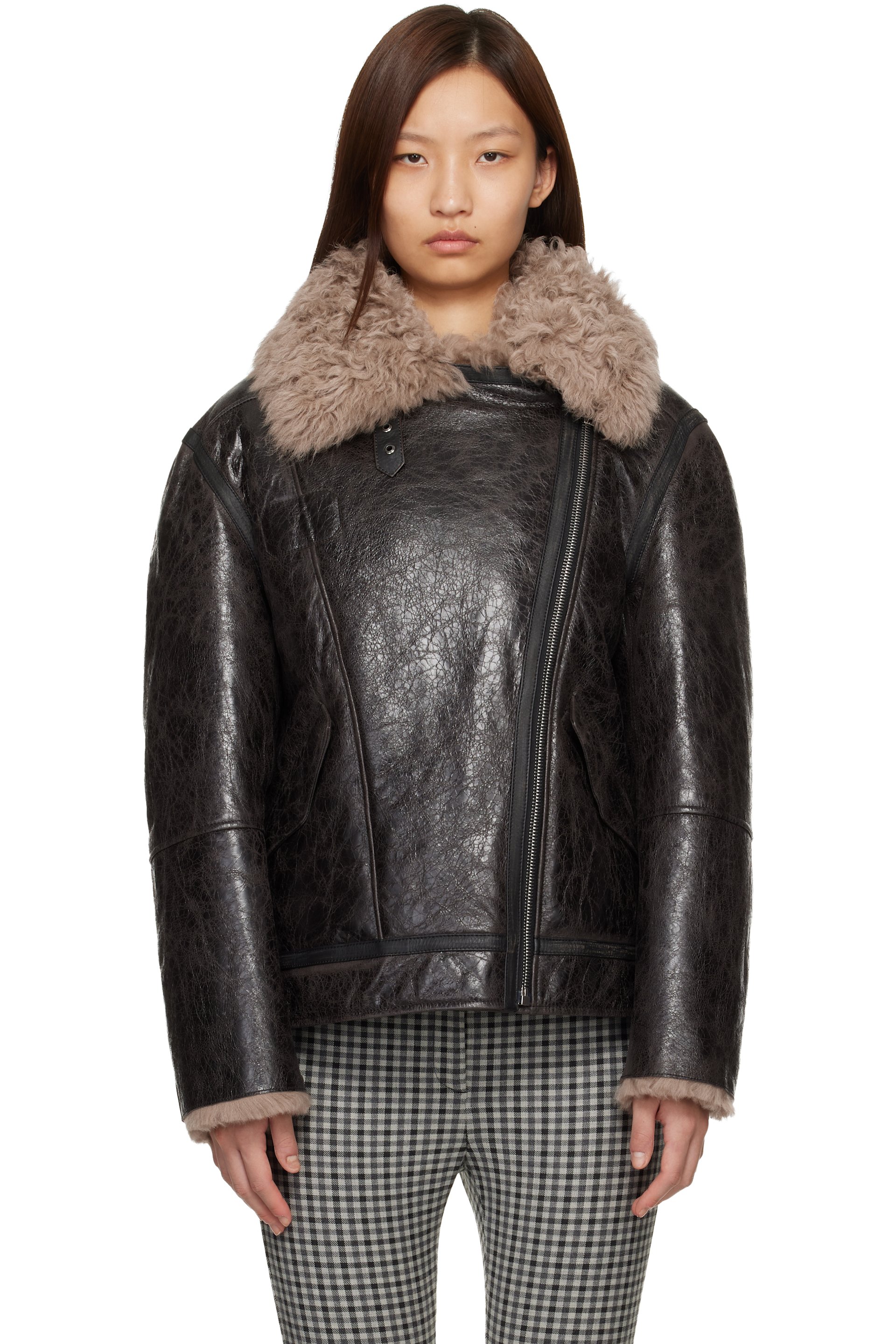Acne Studios - Blouson brun en cuir à intérieur en peau retournée
