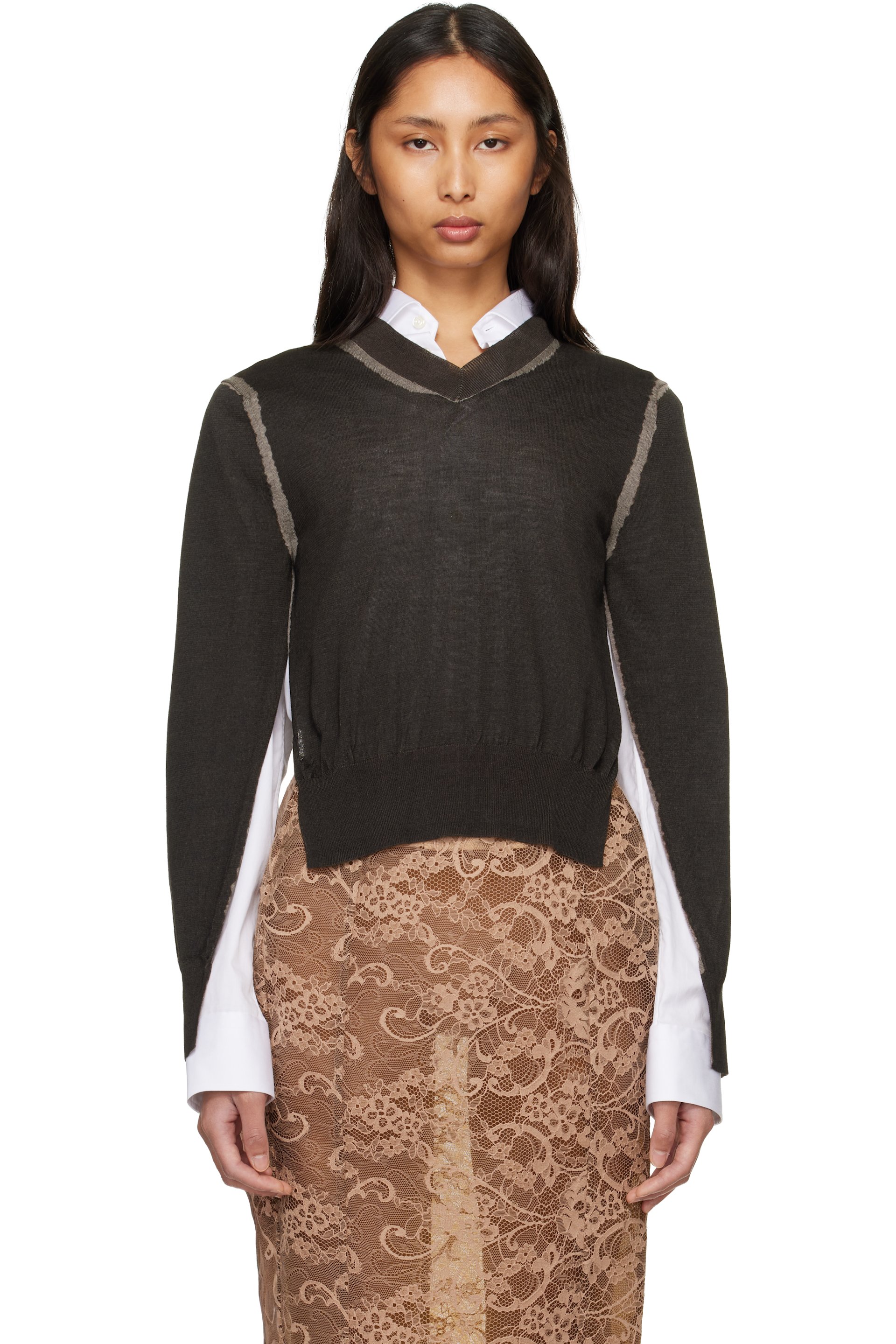 Acne Studios - Pull brun en tricot froissé à col en V