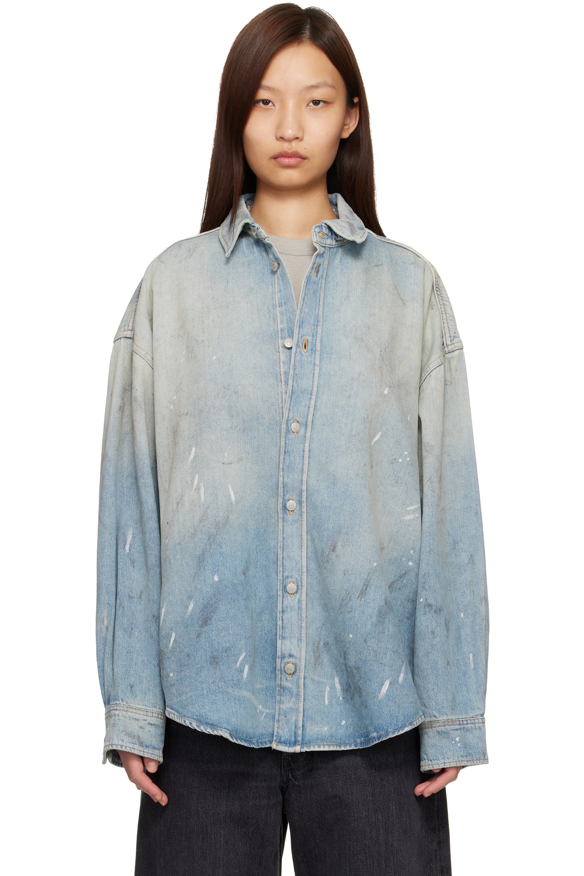 Acne Studios - Chemise bleue en denim à éclaboussures de peinture