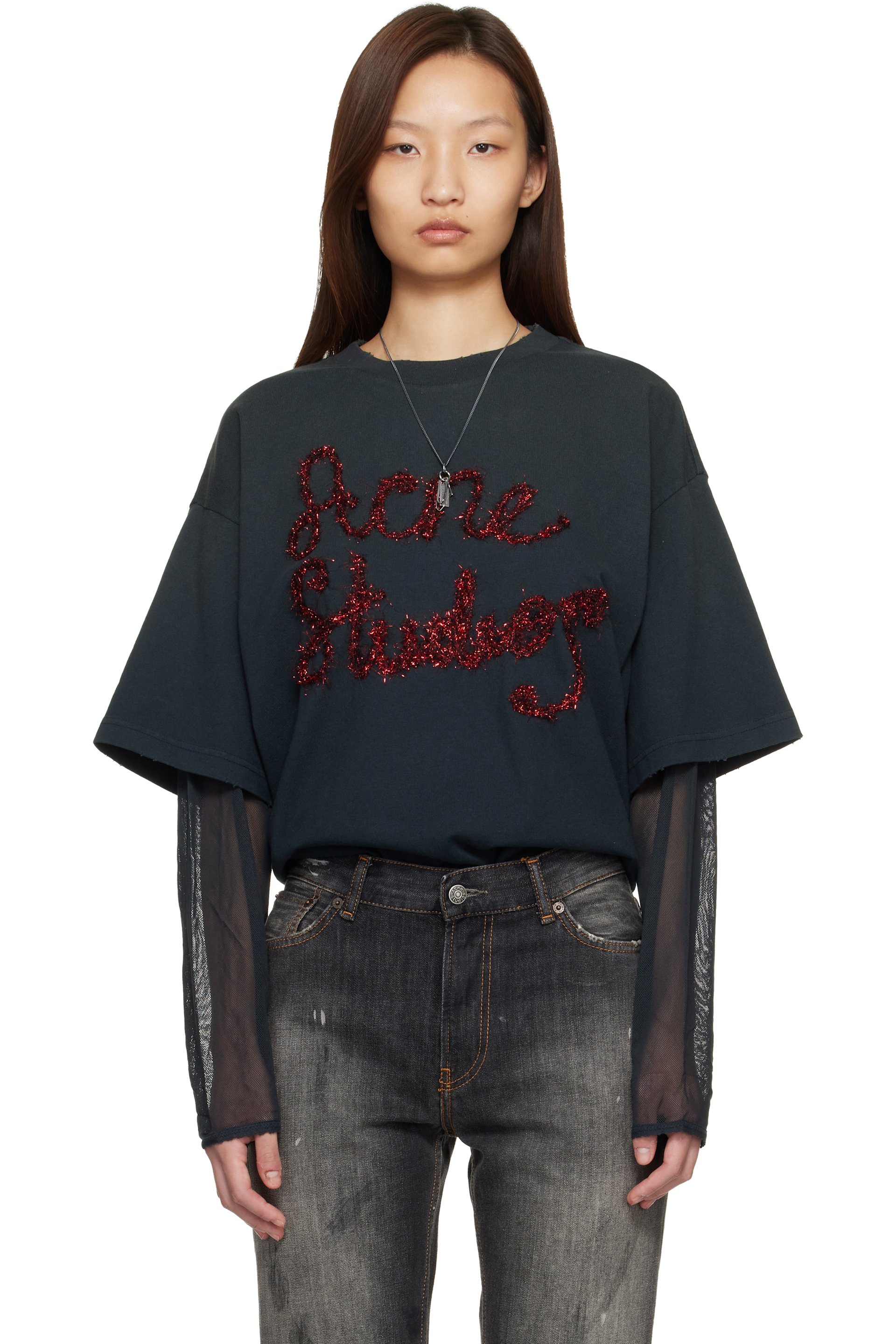 Acne Studios - T-shirt étagé gris à logo