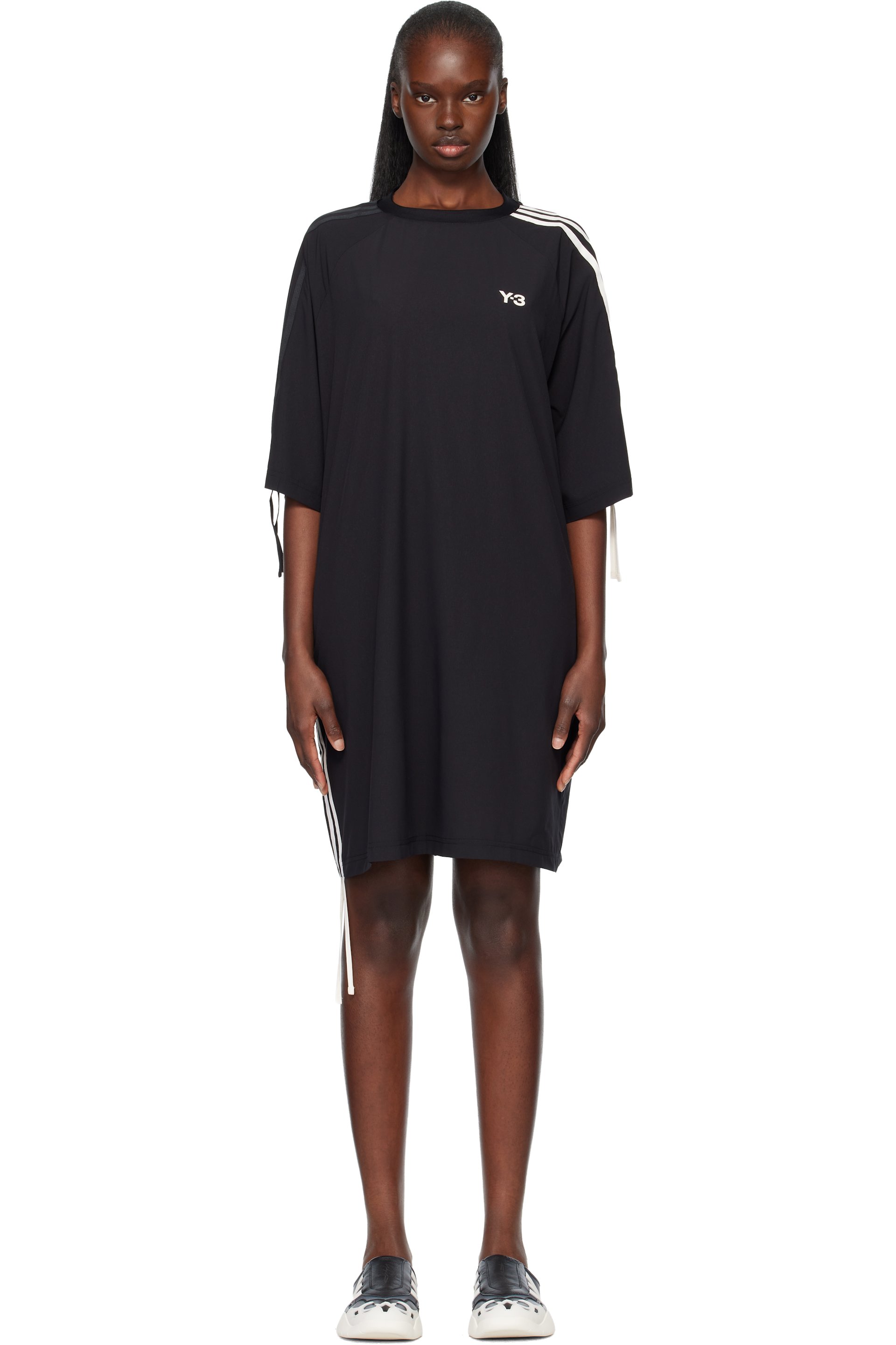Y-3 - Black Cinch 3 Stripes Oversized Tee Midi Dress