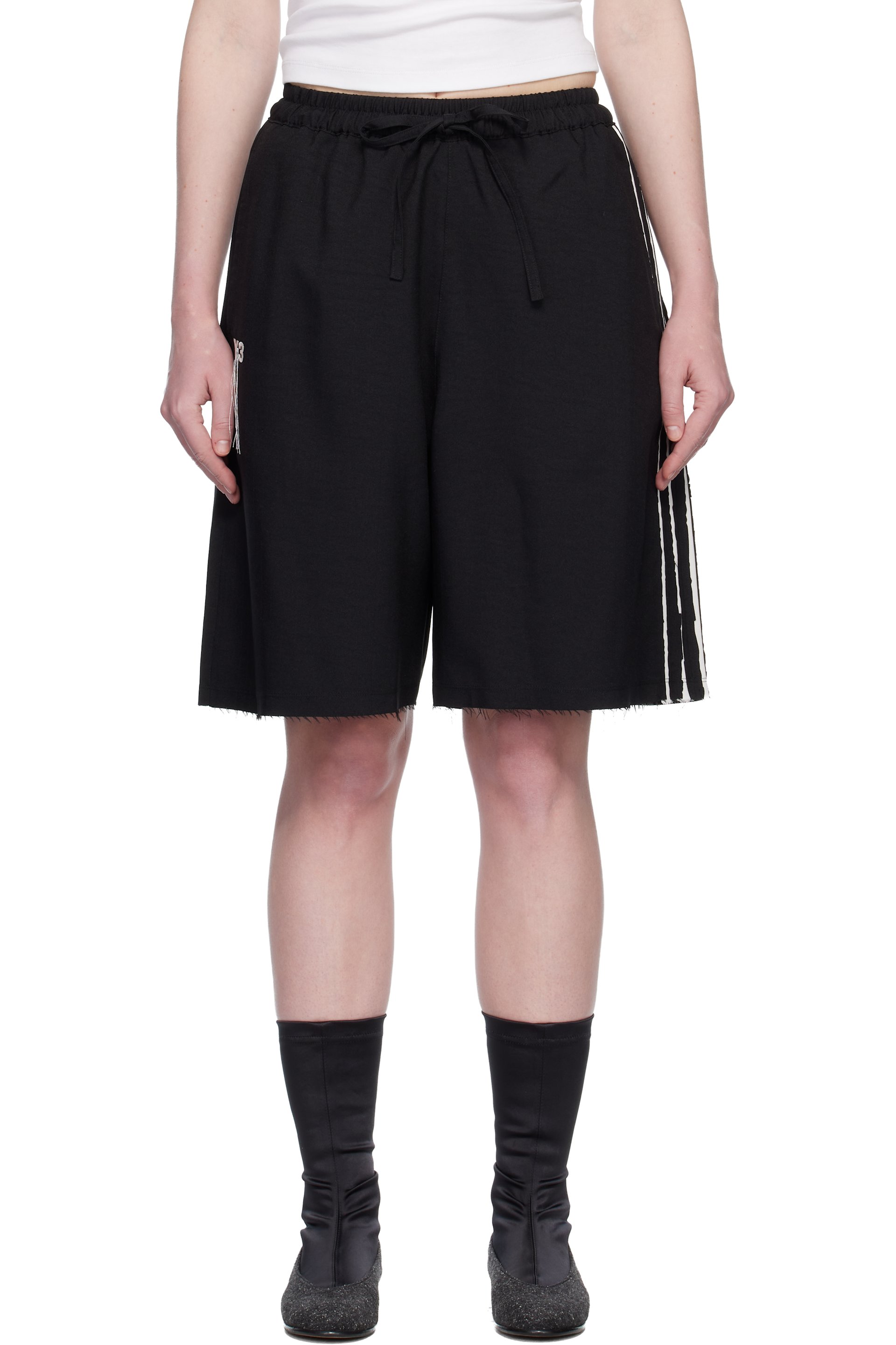Y-3 - Short noir à rayures à bords bruts - Sport Uniform