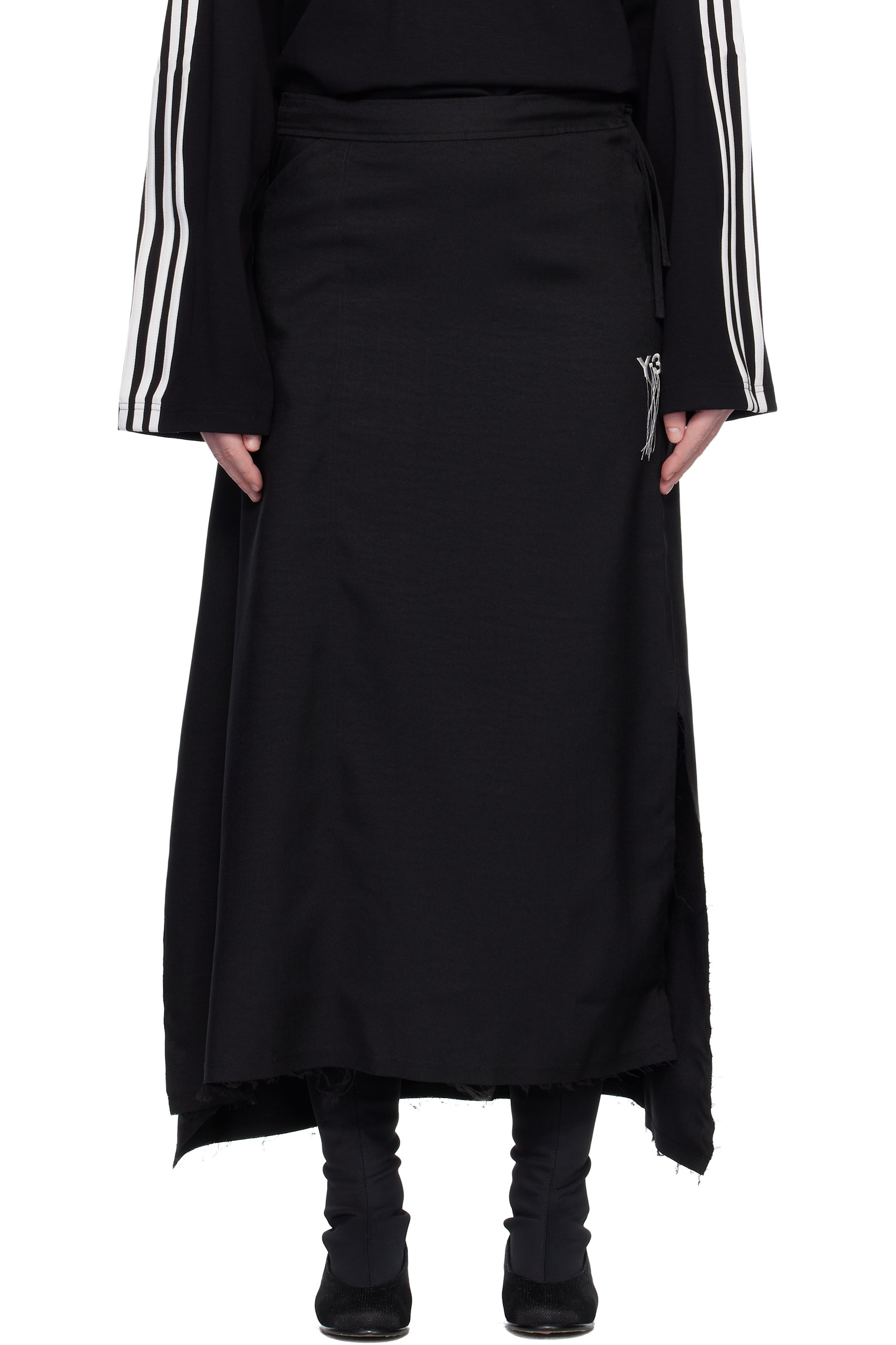 Y-3 - Jupe midi noire à rayures à bords bruts - Sport Uniform