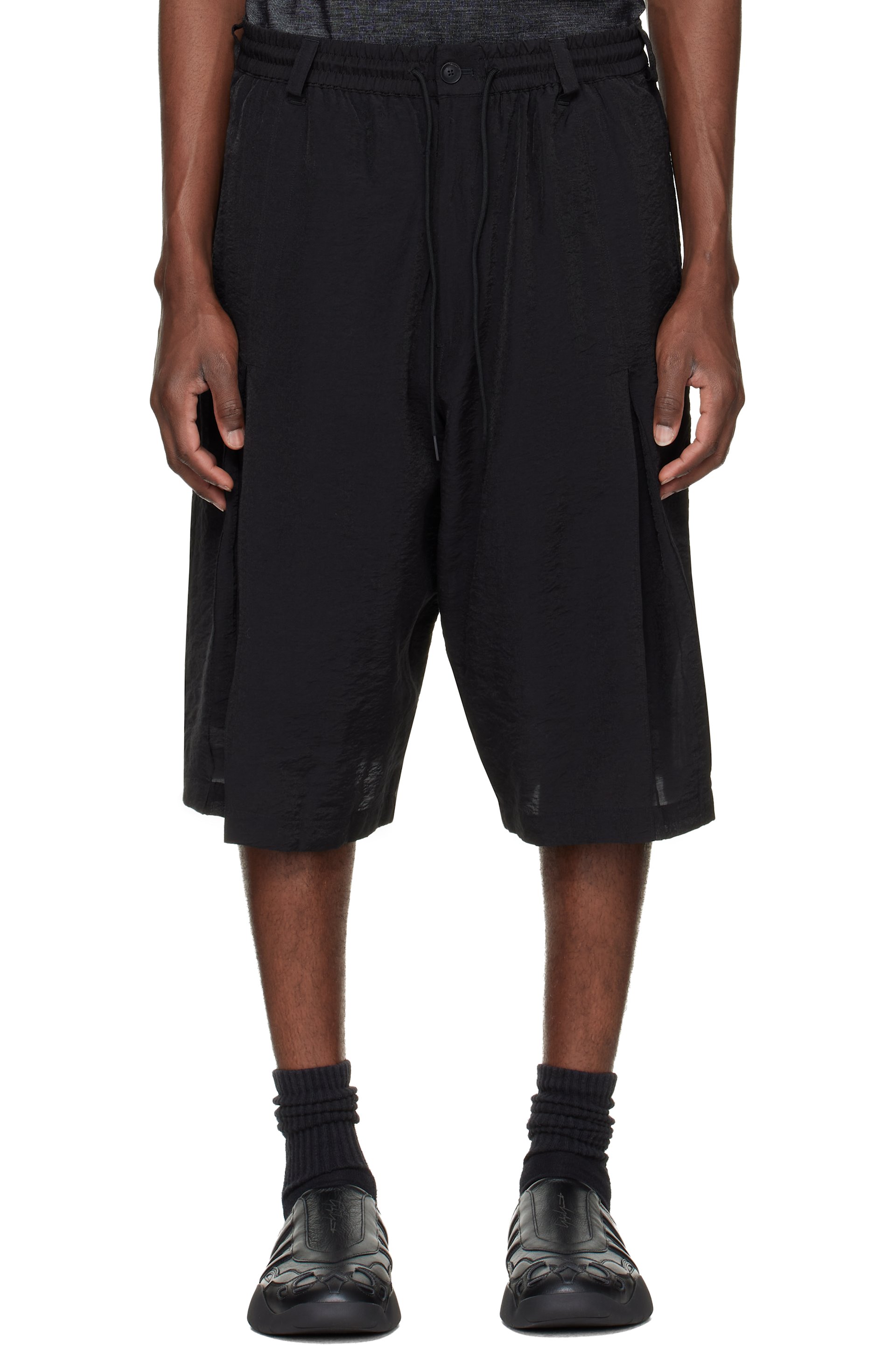 Y-3 - Short noir en toile froissée à plis