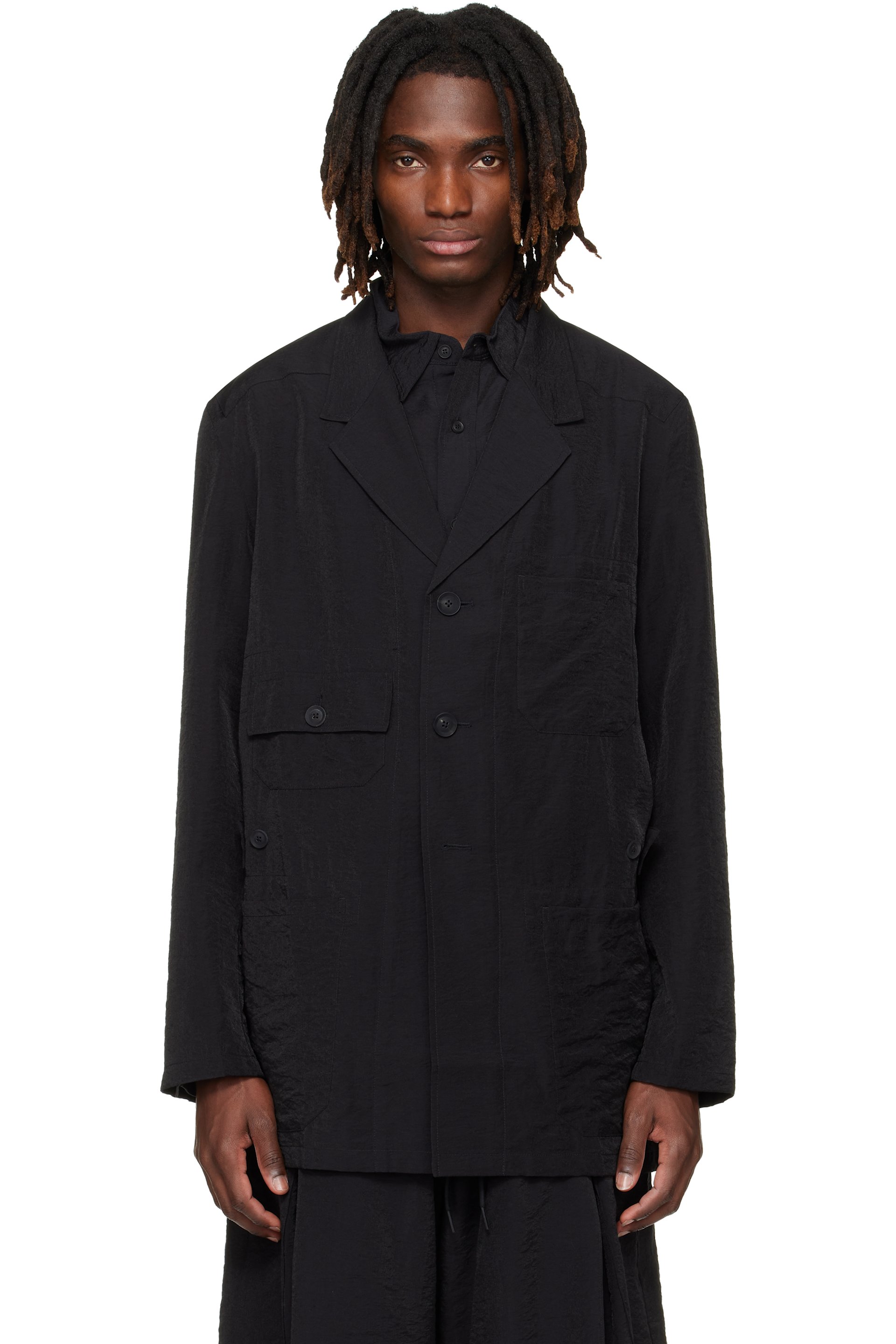 Y-3 - Veston ouvrier noir en toile froissée de viscose