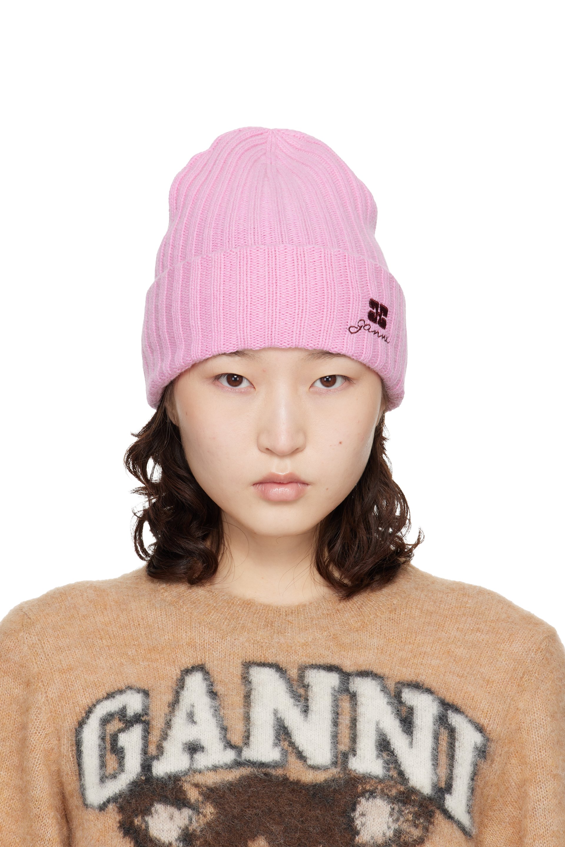 GANNI - Bonnet rose en tricot de laine