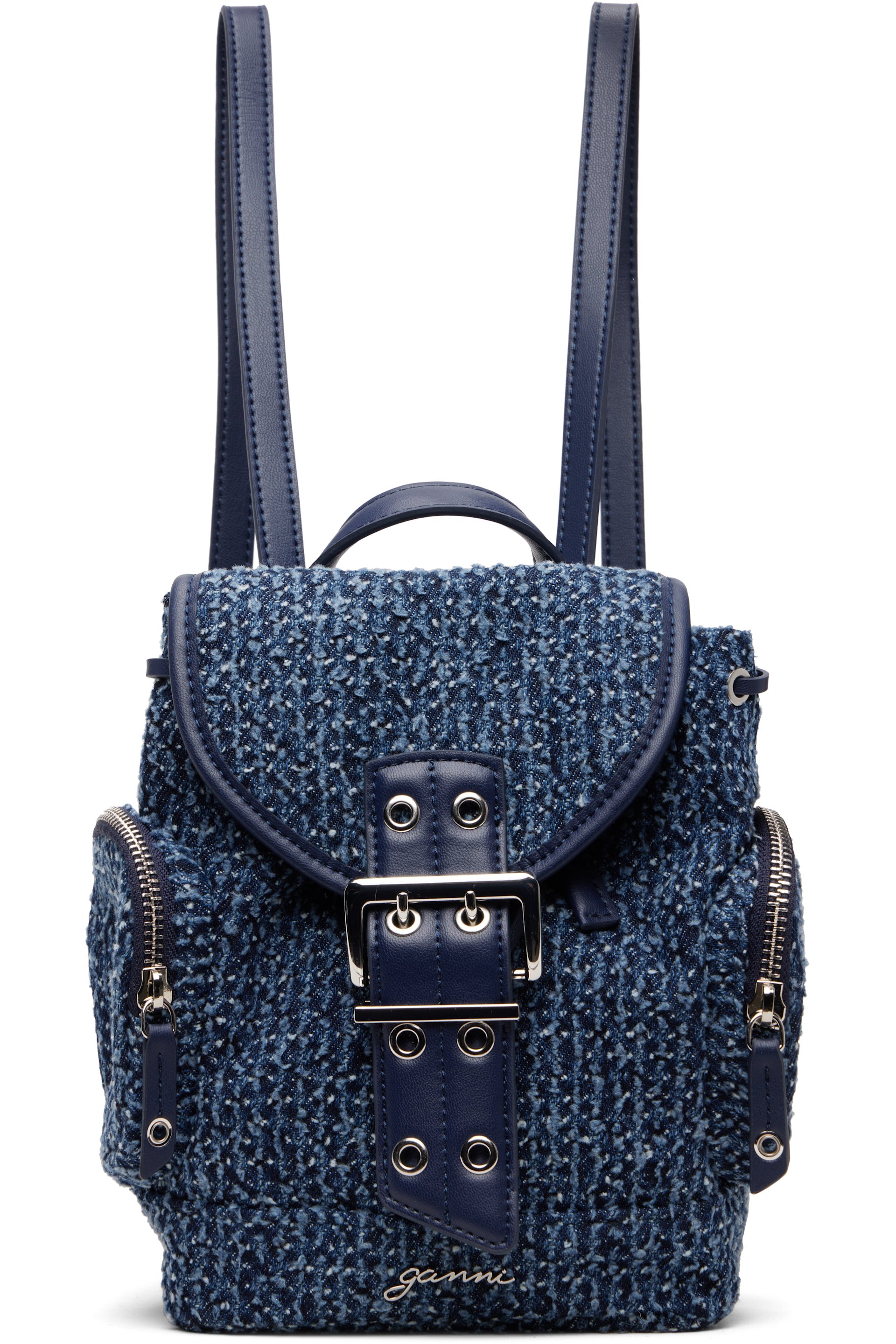 GANNI - Nano sac à dos bleu en tweed à boucle