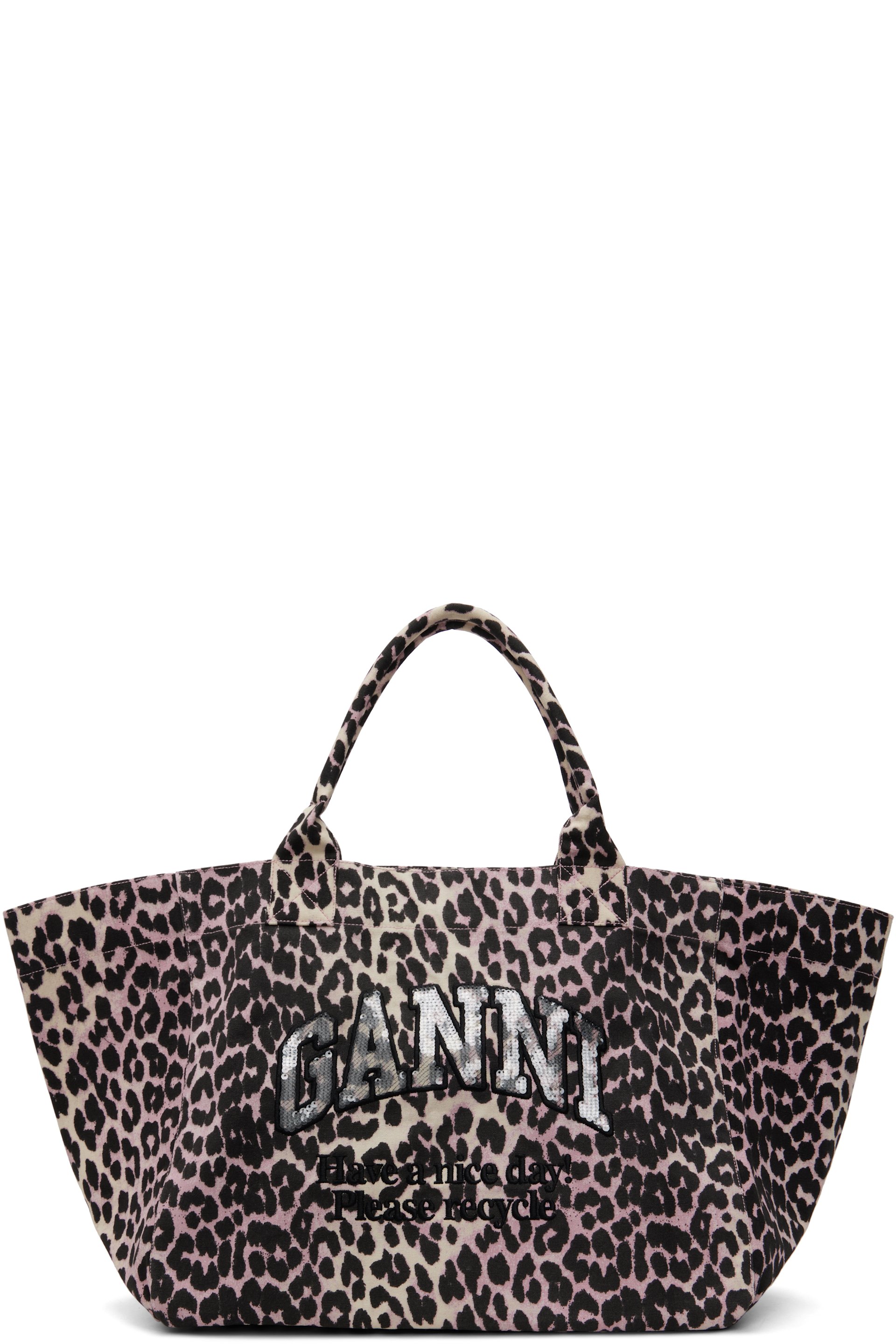 GANNI - Très grand cabas rose à motif léopard et à paillettes