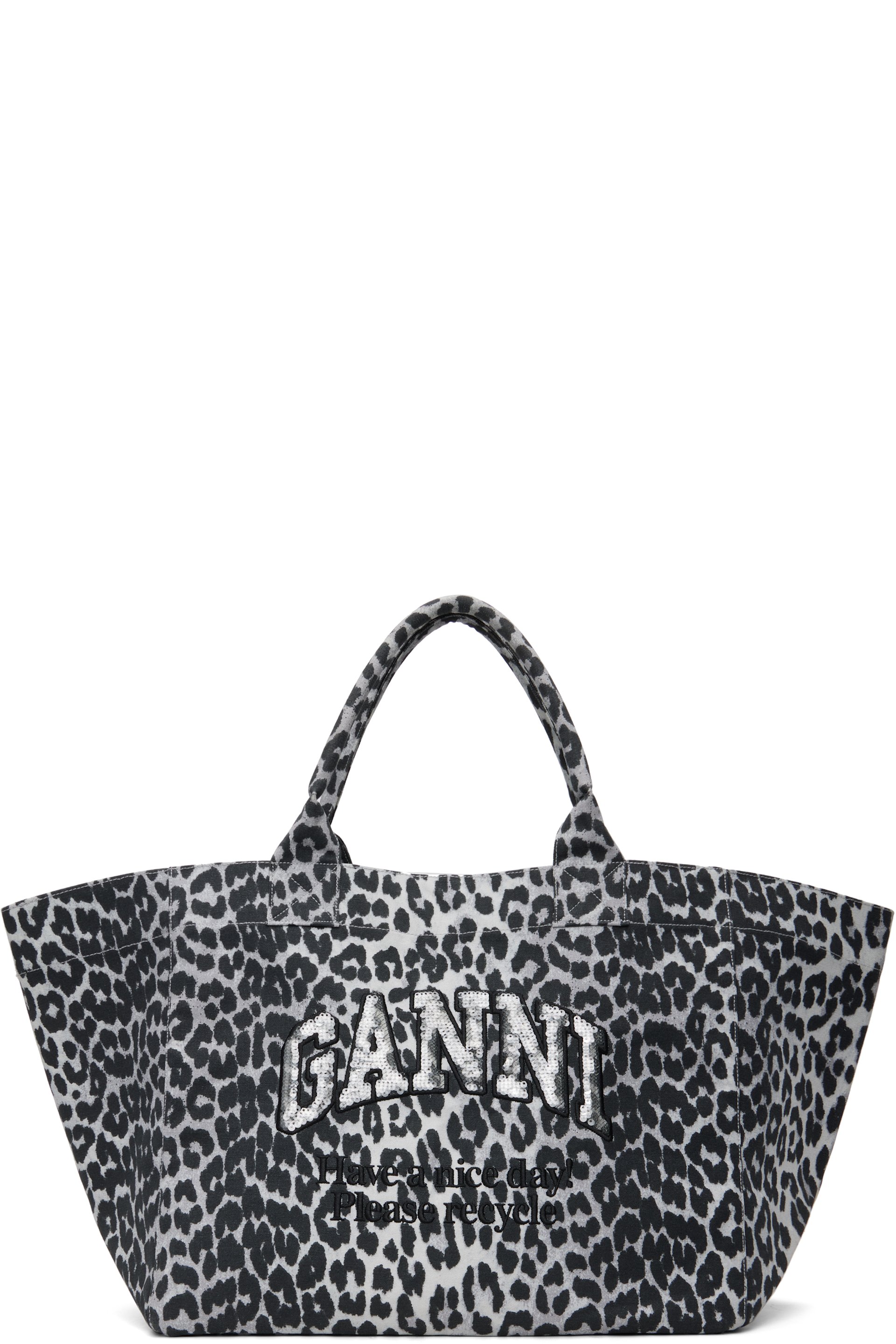 GANNI - Très grand cabas gris à motif léopard et à paillettes