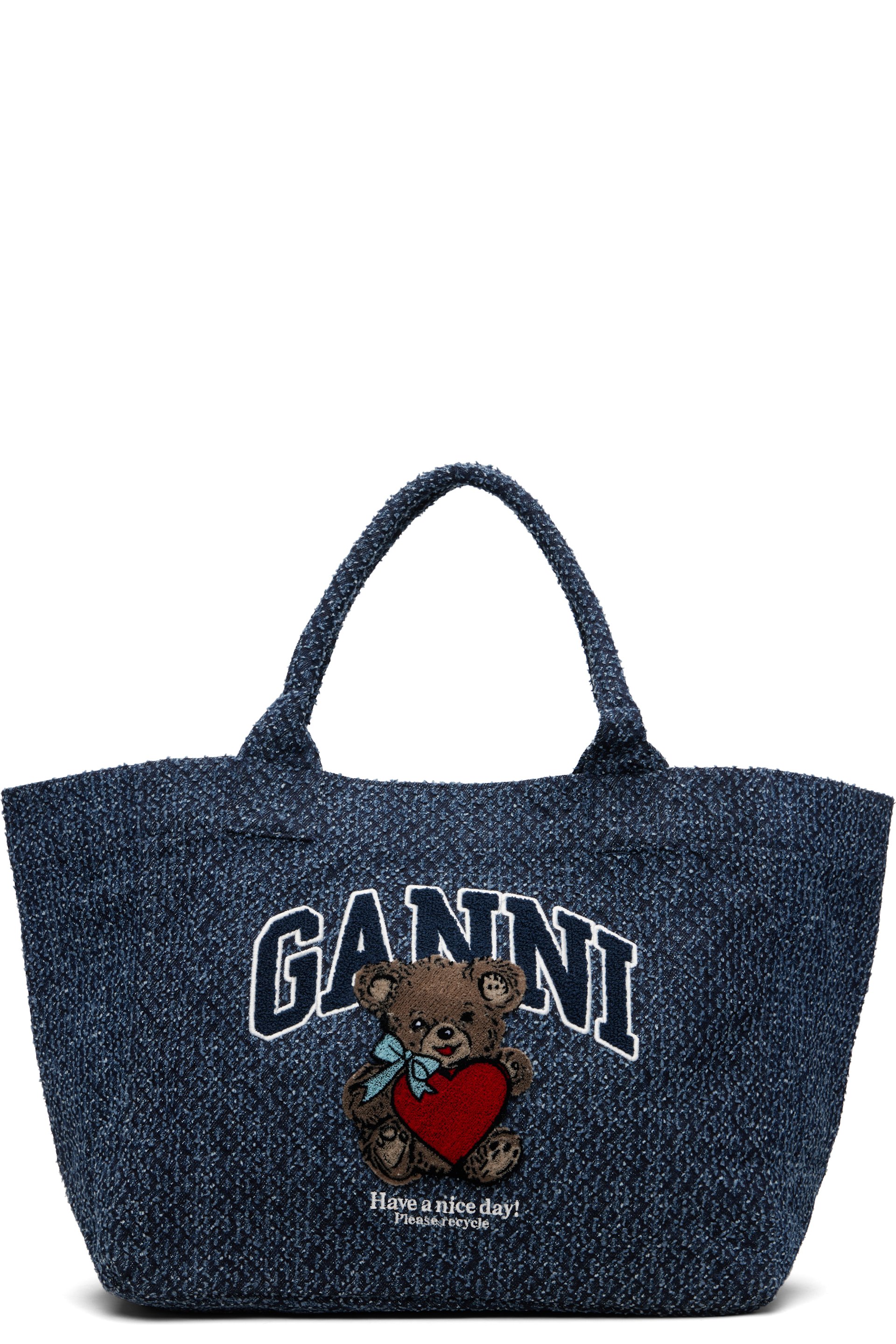 GANNI - Moyen cabas Trapèze bleu marine à image d'ourson