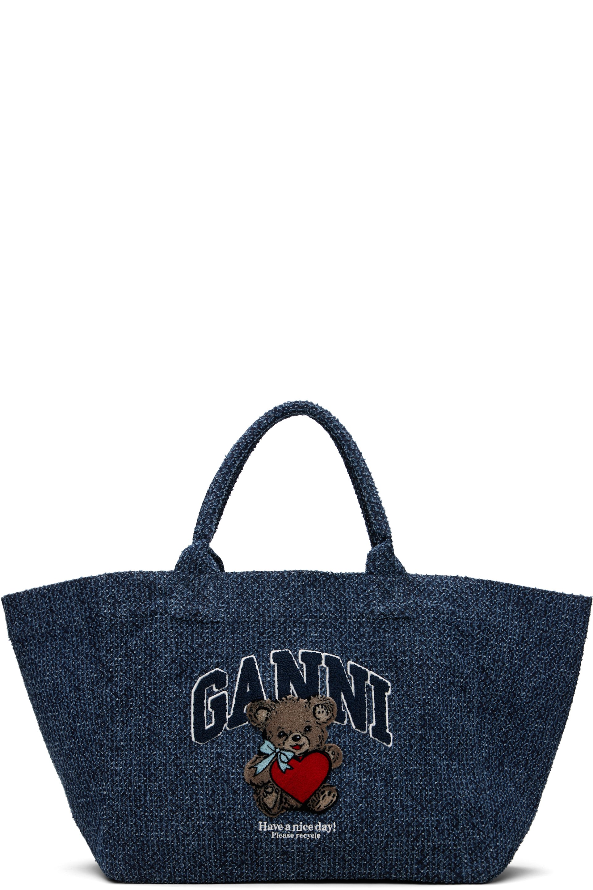 GANNI - Très grand cabas bleu marine en tweed à image d'ourson